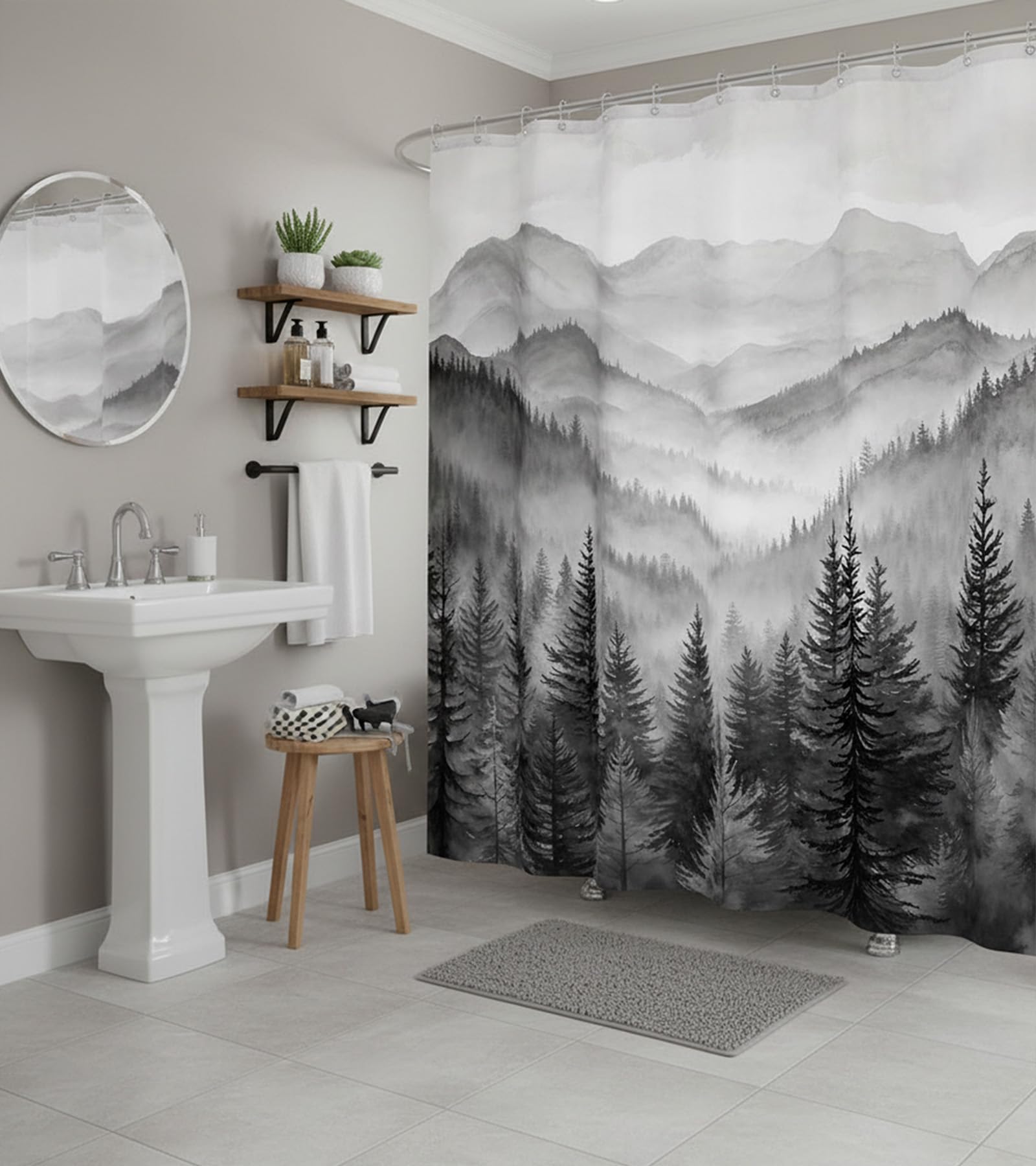 Stall Small Black and White Misty Forest Shower Curtain Ombre Gray Grey Mountain Pine Tree Waterproof Fabric Shower Curtains for Bathroom Nature Woodland Decorative Bath Curtain Decor 36×72 Inches