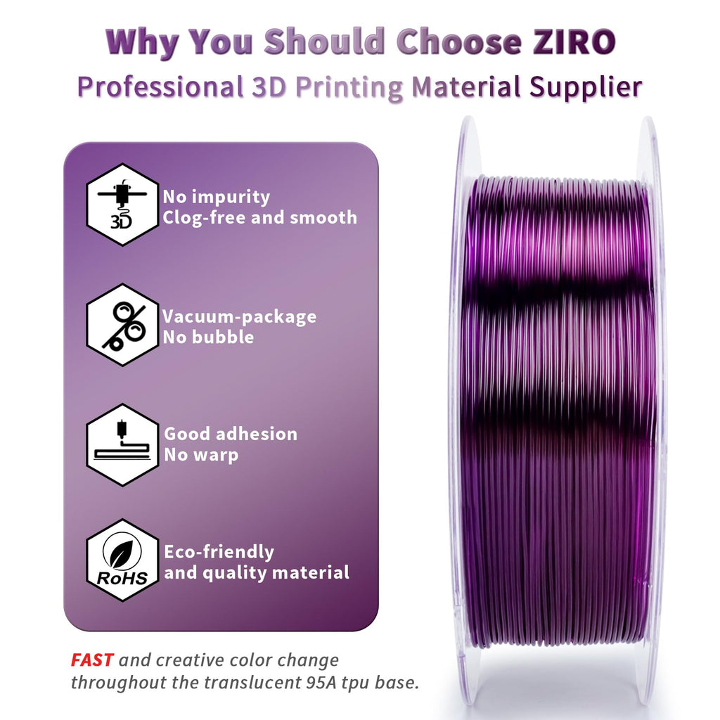 ZIRO TPU Filament 1.75mm 3D Printer Filament, Shore 95A Hardness TPU, Flexible Soft Material, 0.8KG/1.8lbs Spool, Fit Most FDM 3D Printers, Black