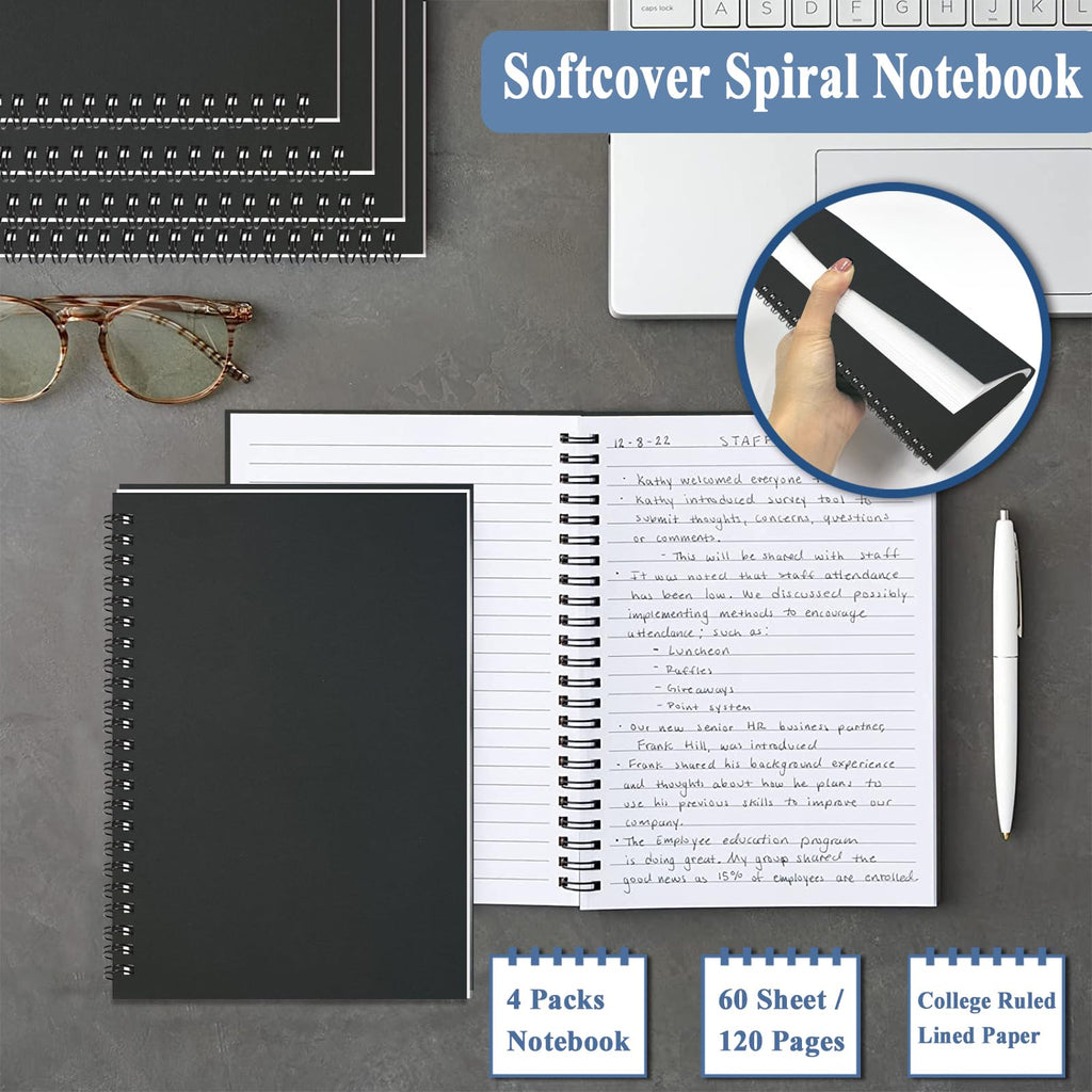 4Pack Small Spiral Notebook A5, 8.25x5.5” 120 Lined Pages Black & Red Wide Ruled Spiral Journal Bulk Blank Kraft Cover Spiral Bound Notebook & Writing Pads for Home Office Meeting Work Note Taking