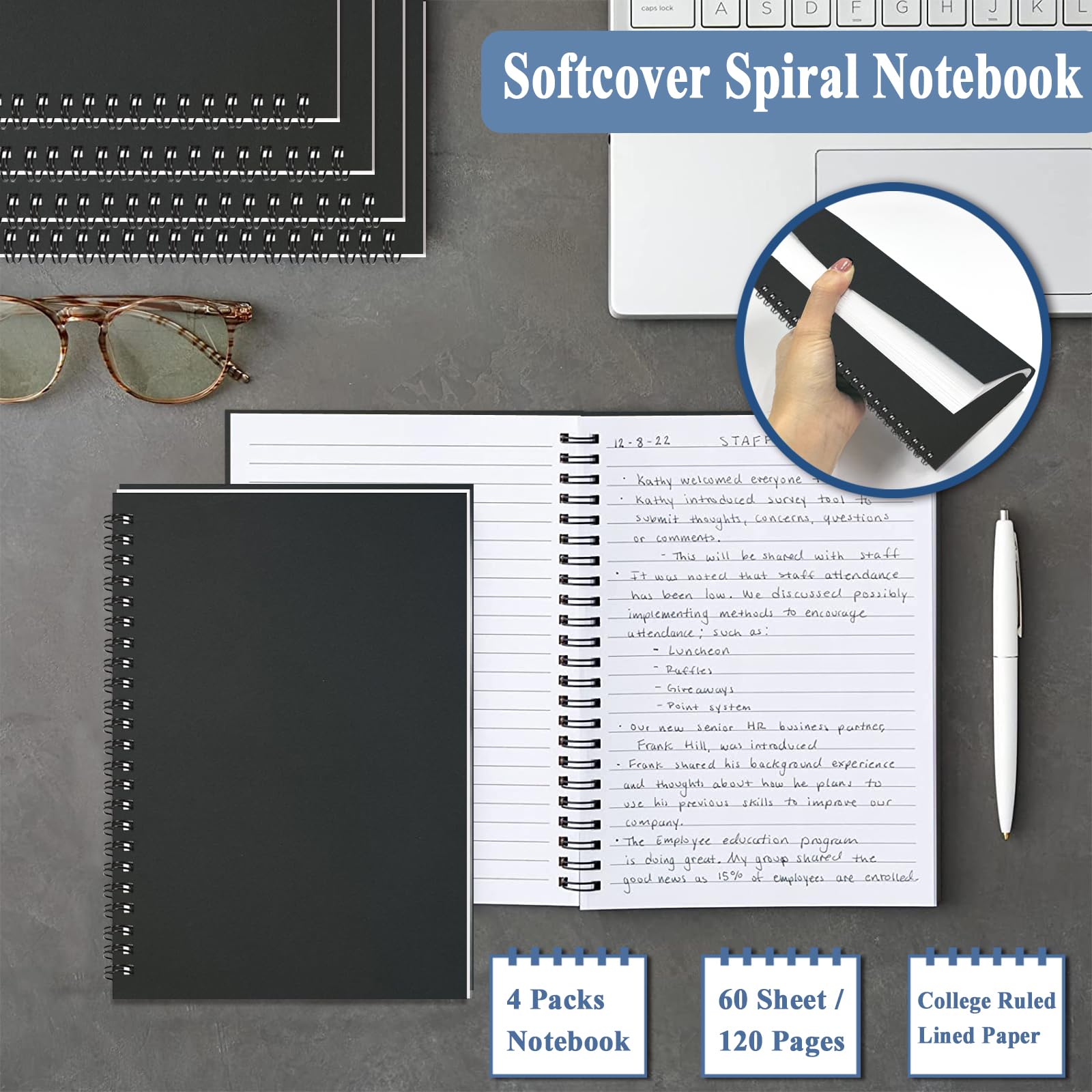 4Pack Small Spiral Notebook A5, 8.25x5.5” 120 Lined Pages Black & Red Wide Ruled Spiral Journal Bulk Blank Kraft Cover Spiral Bound Notebook & Writing Pads for Home Office Meeting Work Note Taking