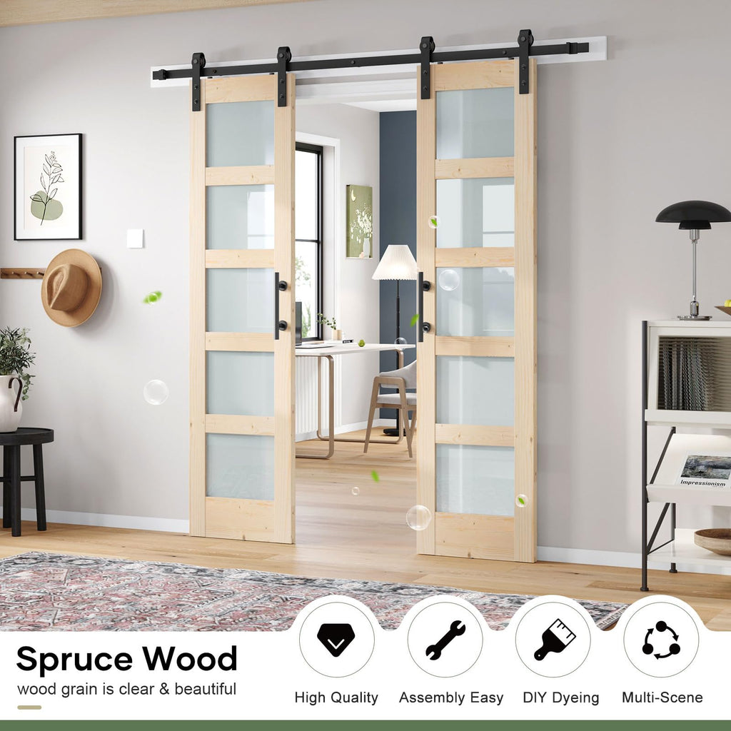 Double 18×84 inch Glass Sliding Barn Door Slab with 6.6ft Hardware Kit Included, 5-Panel Frosted Glass, Spruce Wood Support DIY Dyeing, Easy Assembly