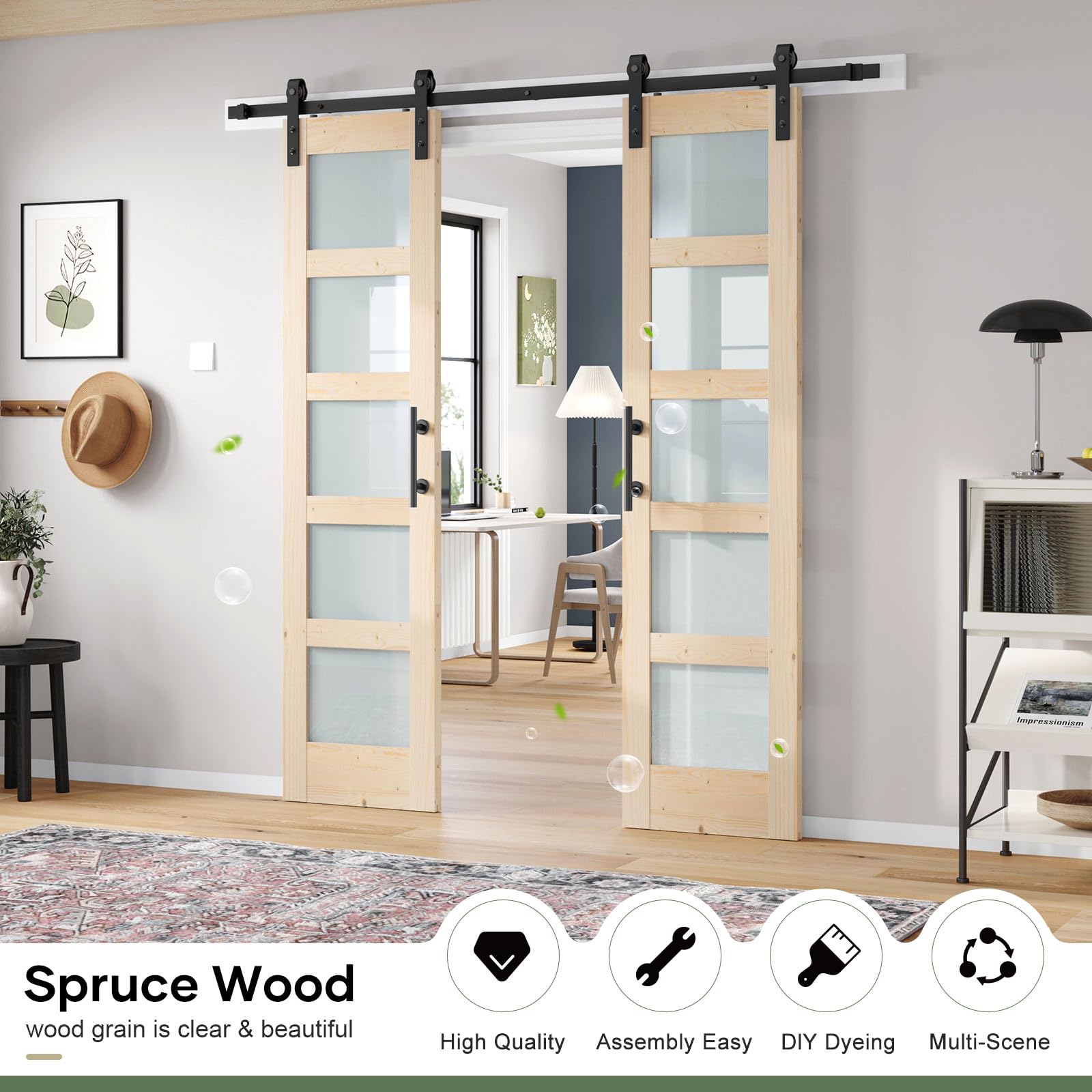 Double 18×84 inch Glass Sliding Barn Door Slab with 6.6ft Hardware Kit Included, 5-Panel Frosted Glass, Spruce Wood Support DIY Dyeing, Easy Assembly