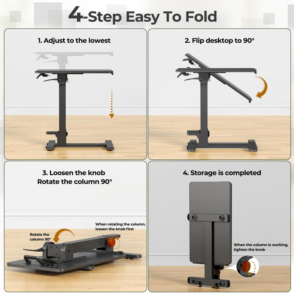 Foldable Mobile Standing Desk, 27 Inch Small Rolling Laptop Cart Height Adjustment, 90° Tiltable Sofaside Table, No Assembly Needed Portable Computer Workstation, Black