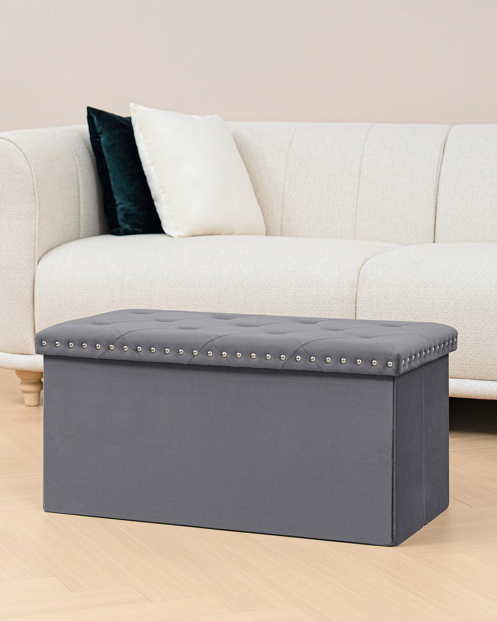 B FSOBEIIALEO Storage-Ottoman Cube-Folding Tufted - Ottomans with Storage, Coffee Table Top Cover, Storage Boxes Footrest Stool for Bedroom, Luxury Velvet Fabric 15.7 Inches Black