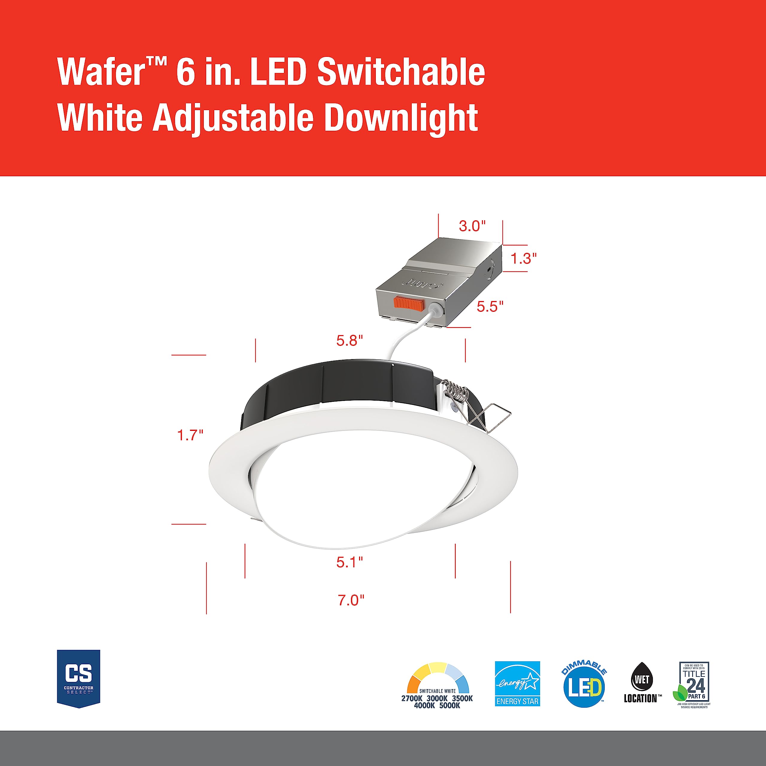 Juno LED Shower Light, Adjustable 4 Inch Wafer Downlight, Switchable Color Temperature 2700K/3000K/3500K/4000K/5000K, 90+ CRI, Matte White, 4-Inch