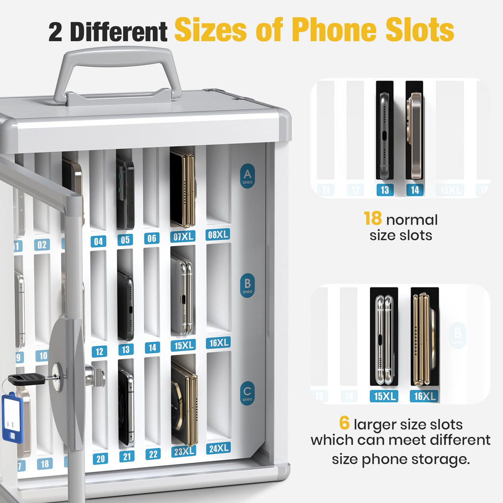 Glosen Cell Phone Locker 24 Slots, Portable Phone Storage Cabinet [Wall Mounted] [Silver 24 Slots-Universal Key ] Aluminum Alloy Cellphone Lock Box with Key & Handle for School Classroom Office Exam