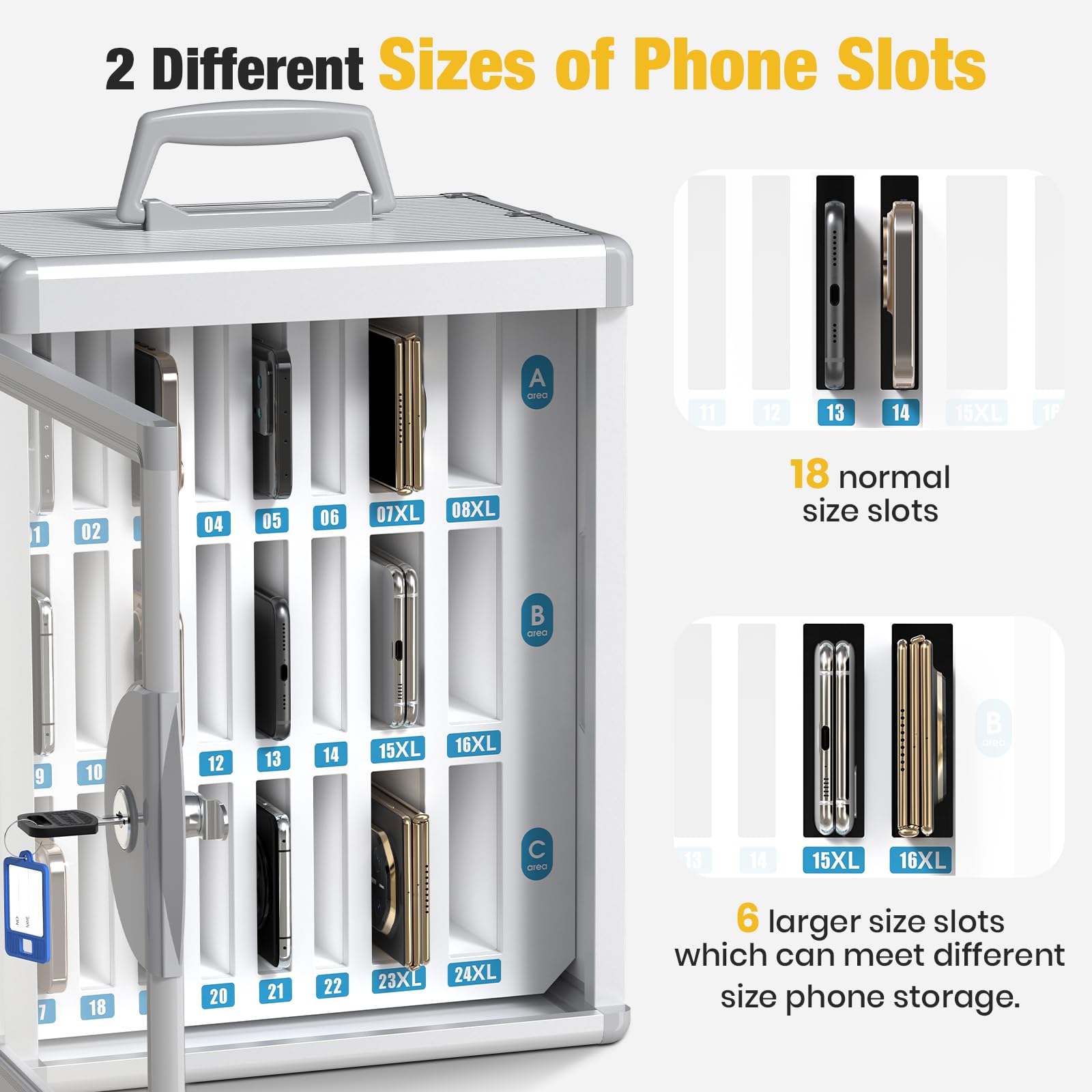 Glosen Cell Phone Locker 24 Slots, Portable Phone Storage Cabinet [Wall Mounted] [Silver 24 Slots-Universal Key ] Aluminum Alloy Cellphone Lock Box with Key & Handle for School Classroom Office Exam