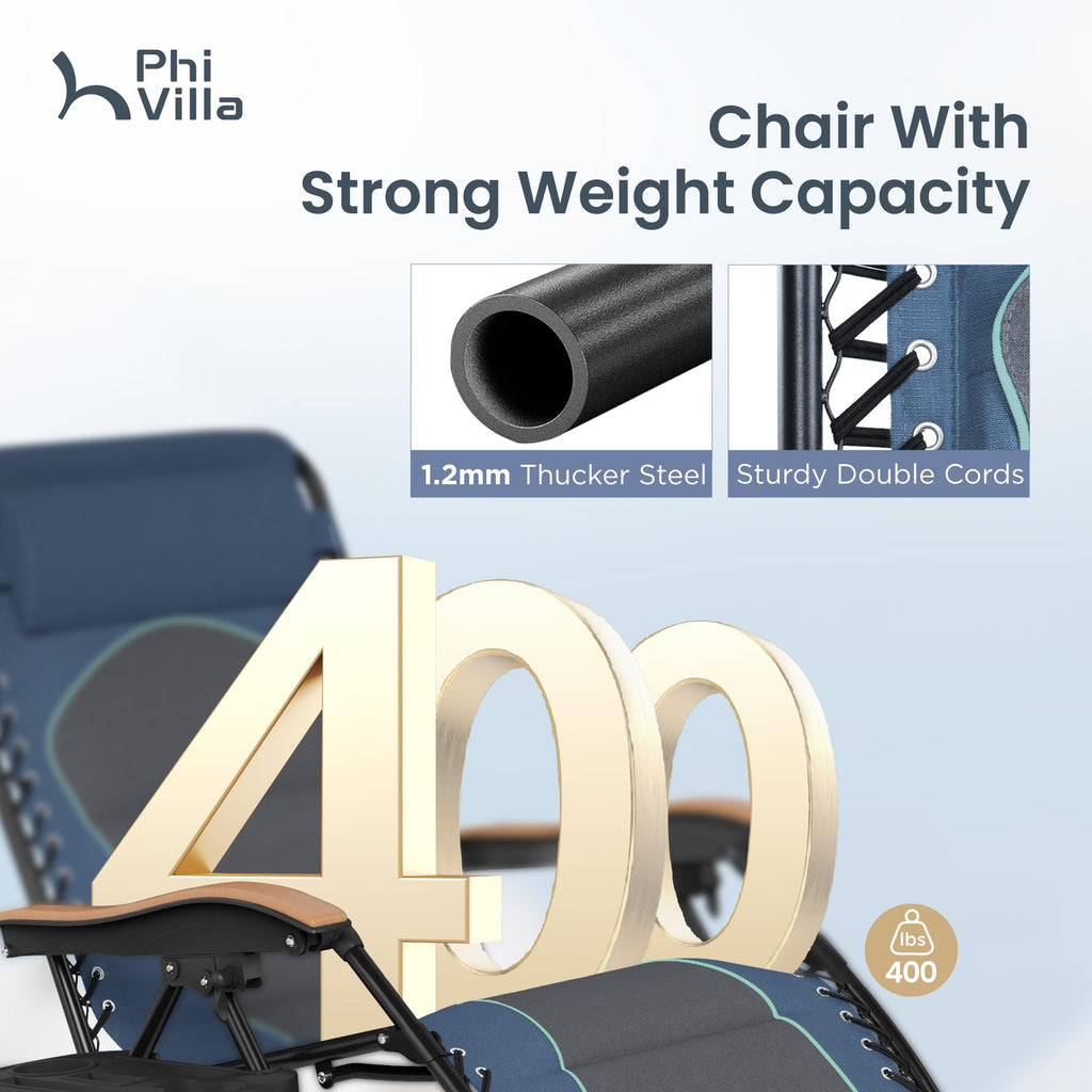 PHI VILLA XXL Oversized Padded Zero Gravity Chair Set of 2, Foldable Patio Recliner, 30" Wide Seat Anti Gravity Lounger with Armrest and Cup Holder, Support 400 LBS (Aqua Blue)