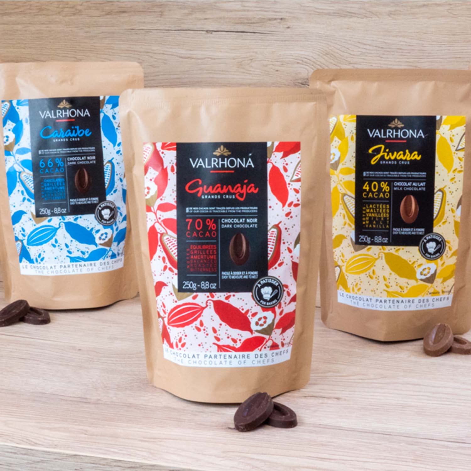 Valrhona Premium Baking Chocolate Discs (Feves), Creamy Milk JIVARA 40% w/Hints of Vanilla and Malt, and Dark Chocolate GUANAJA 70% w/Intense & Smooth with Bitter Notes, For Cookies, Cakes, and more
