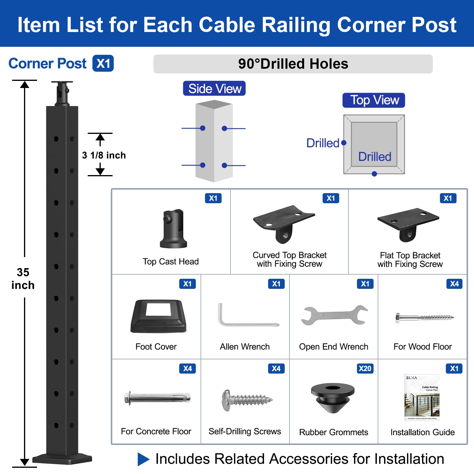 BLIKA 36" Cable Railing Corner Post, 304 Stainless Steel, 2-Side Drilled Adjustable Top Corner Post, Surface Mount Matte Black Cable Railing System Corner Post