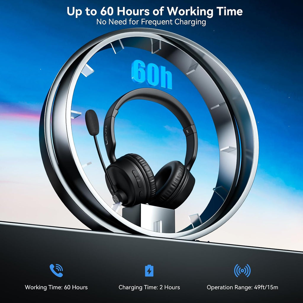 LEVN Bluetooth Headset, Bluetooth Headphones with Microphone (AI Cancelling), 60 Hrs Working Time Dual Connection Wireless Headset with Mic & Mute Button for Work/Phone/Call Center/PC