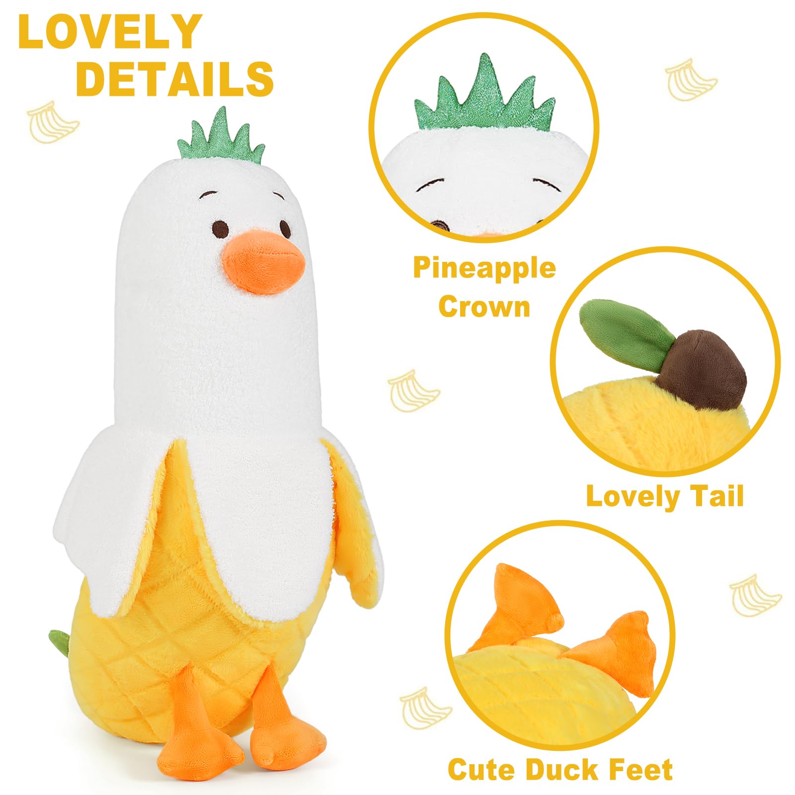 PEACH CAT Cute Banana Duck Stuffed Animal Long Banana Chef Duck Plush Pillow for Girls and Boys White 12"