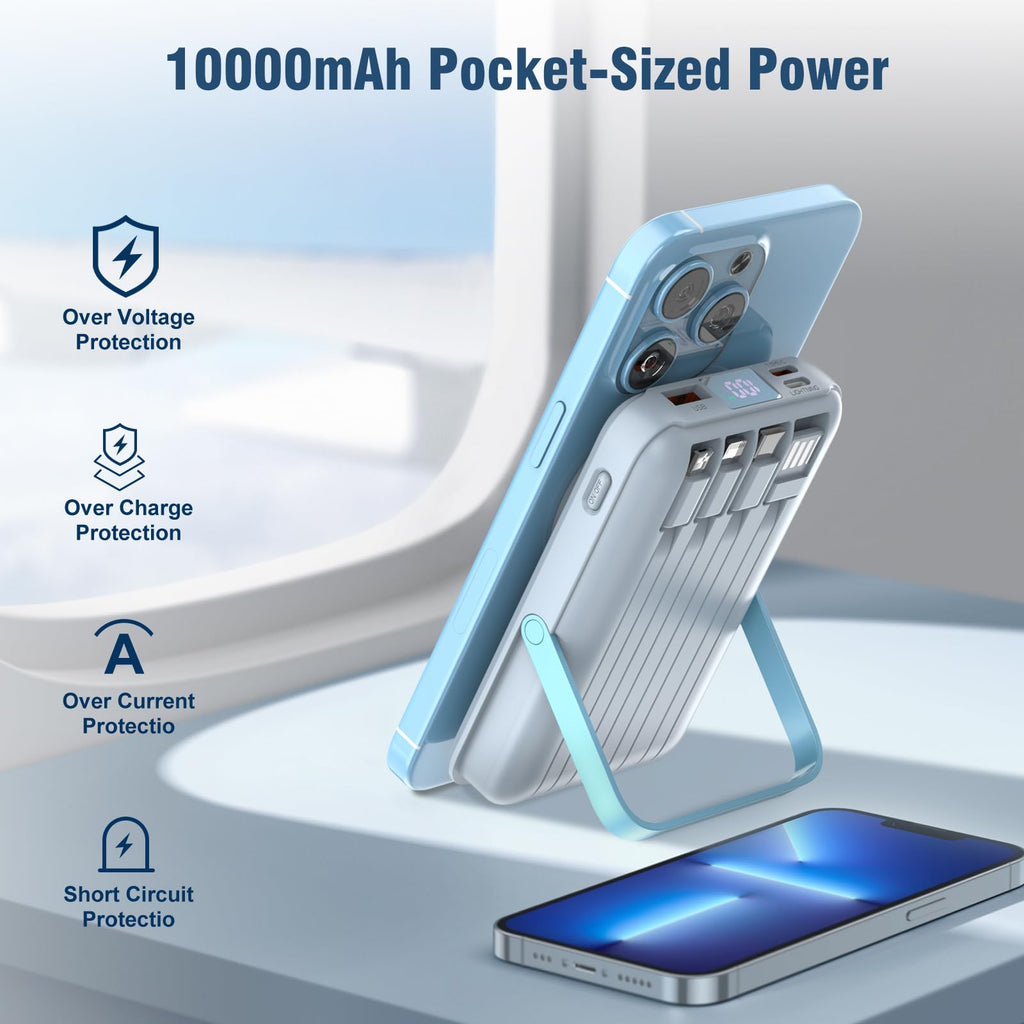 for Magsafe Battery Pack,10000mAh Magnetic Power Bank 22.5W PD Fast Charging with LED Display,Wireless Portable Charger with Built-in Cables and Stand for iPhone 17/16/15/14/13/12/Pro/Pro Max