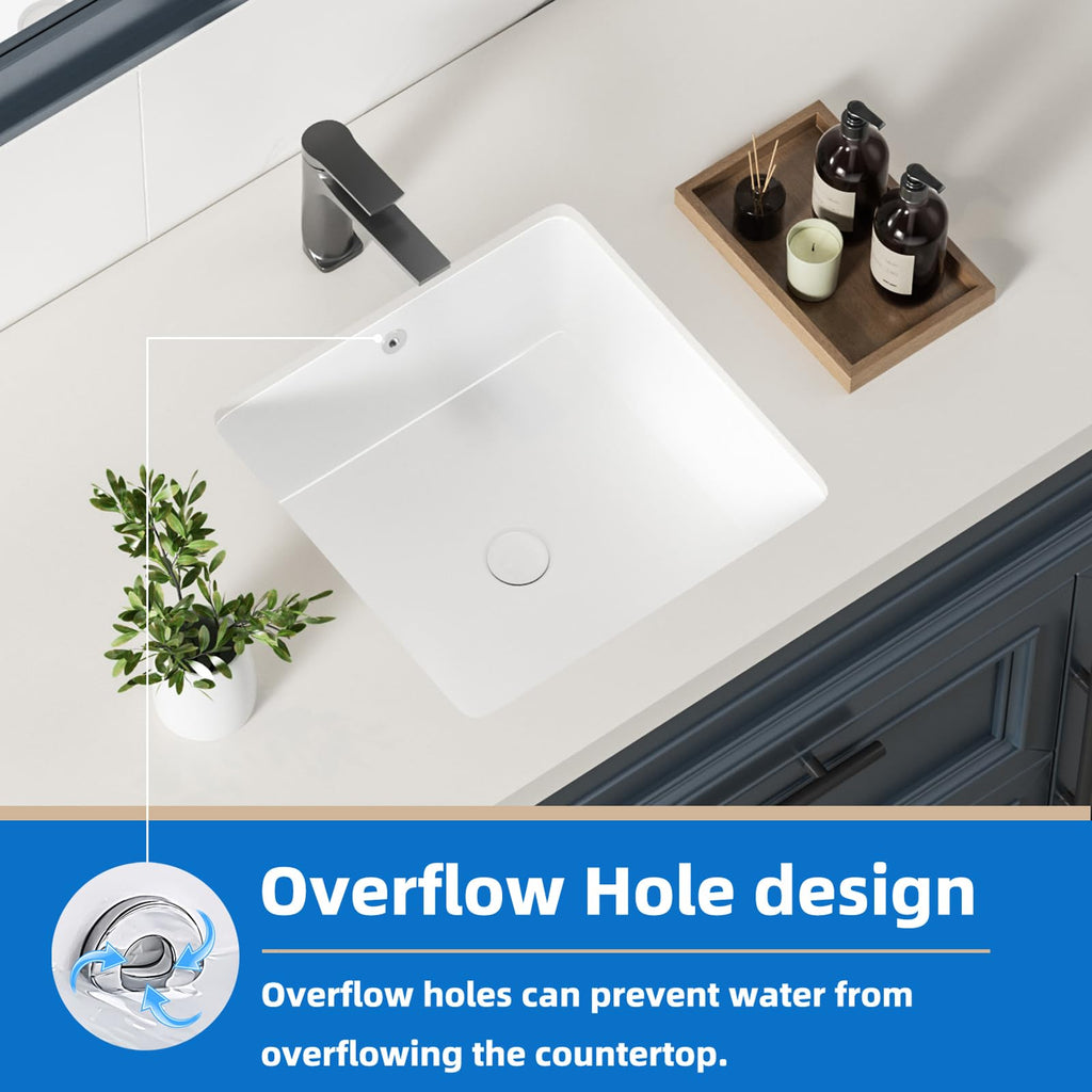 KINGWONG 14 Inch Small Square Undermount Bathroom Sink, 13.75" Ceramic White Porcelain Under Counter Basin for Vanity, Modern Rectangular Sink with Overflow Hole, Easy to Clean, Interior 11.5" x 11.5"