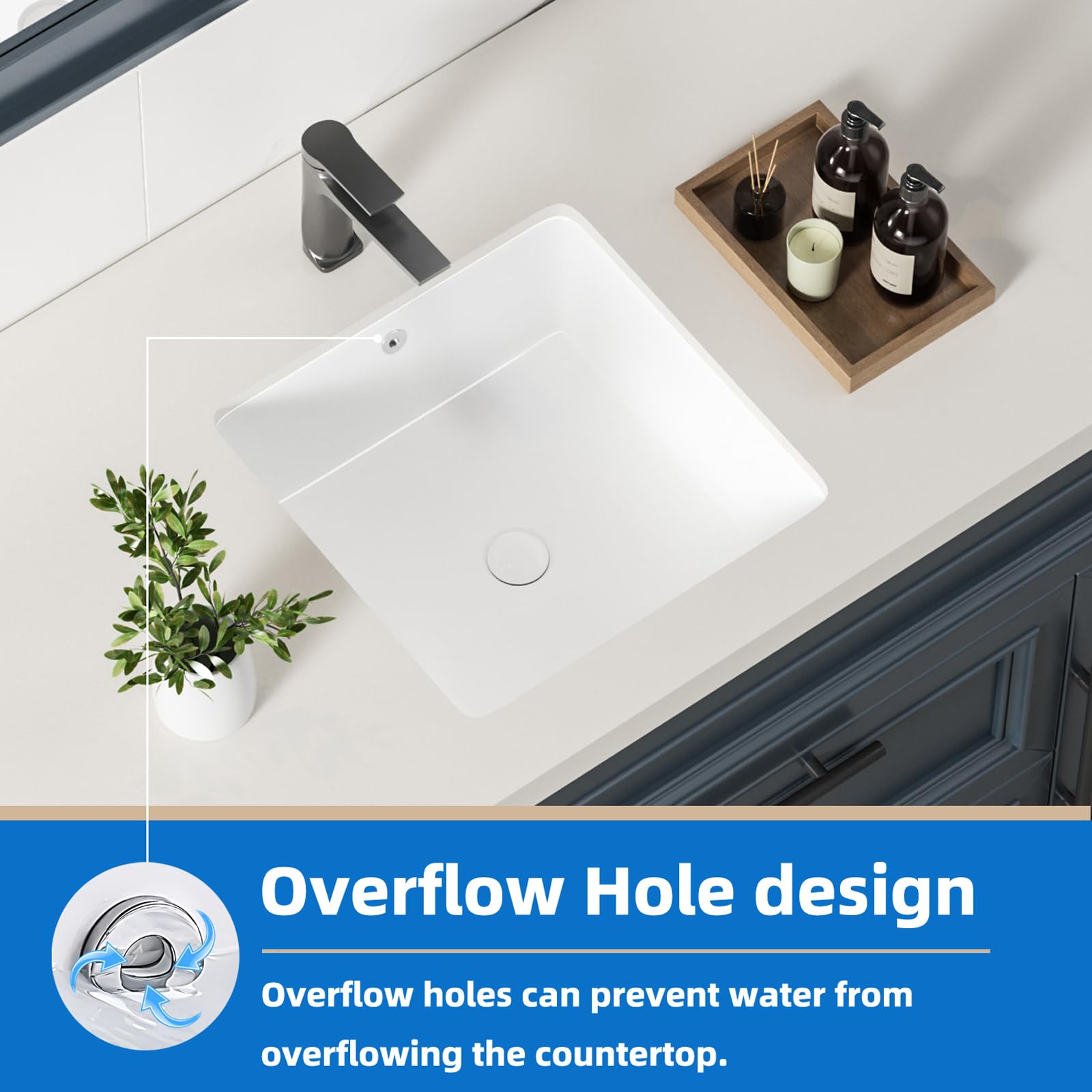 KINGWONG 14 Inch Small Square Undermount Bathroom Sink, 13.75" Ceramic White Porcelain Under Counter Basin for Vanity, Modern Rectangular Sink with Overflow Hole, Easy to Clean, Interior 11.5" x 11.5"
