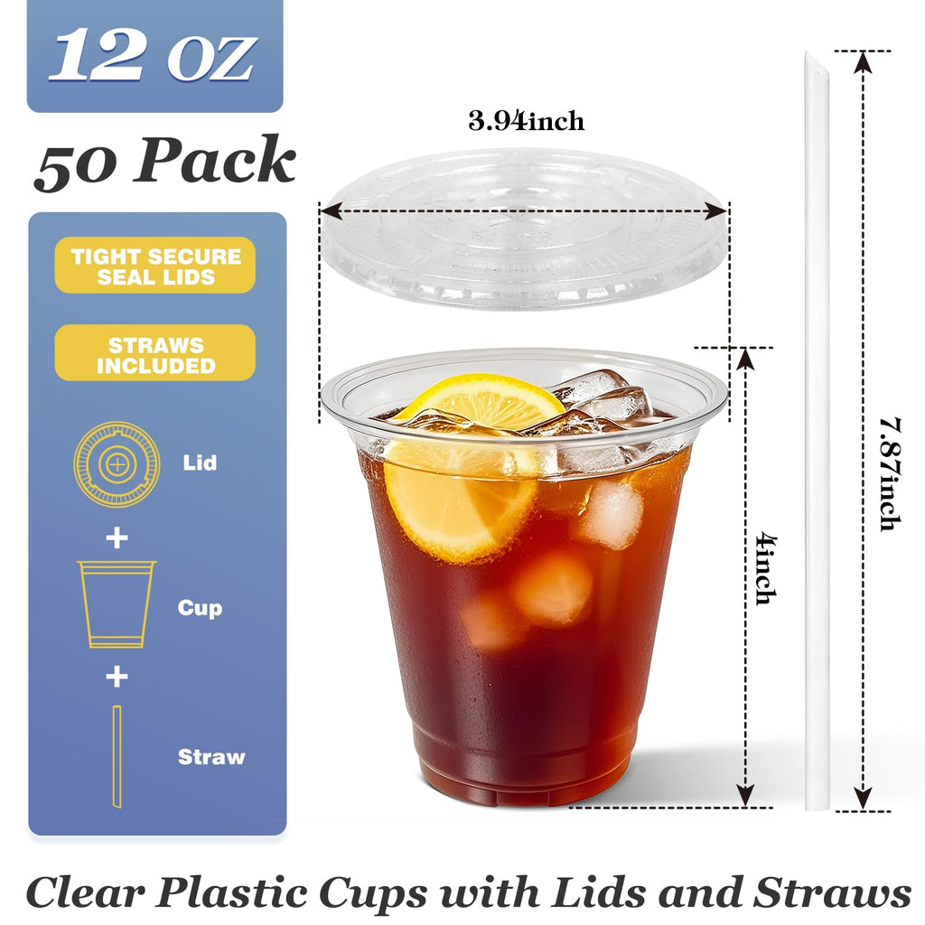Charmount 50 Sets- 12 oz Clear Plastic Cups with Lids and Straws, Disposable To Go Cups for Cold Drinks, Iced Coffee, Milkshakes, Smoothies