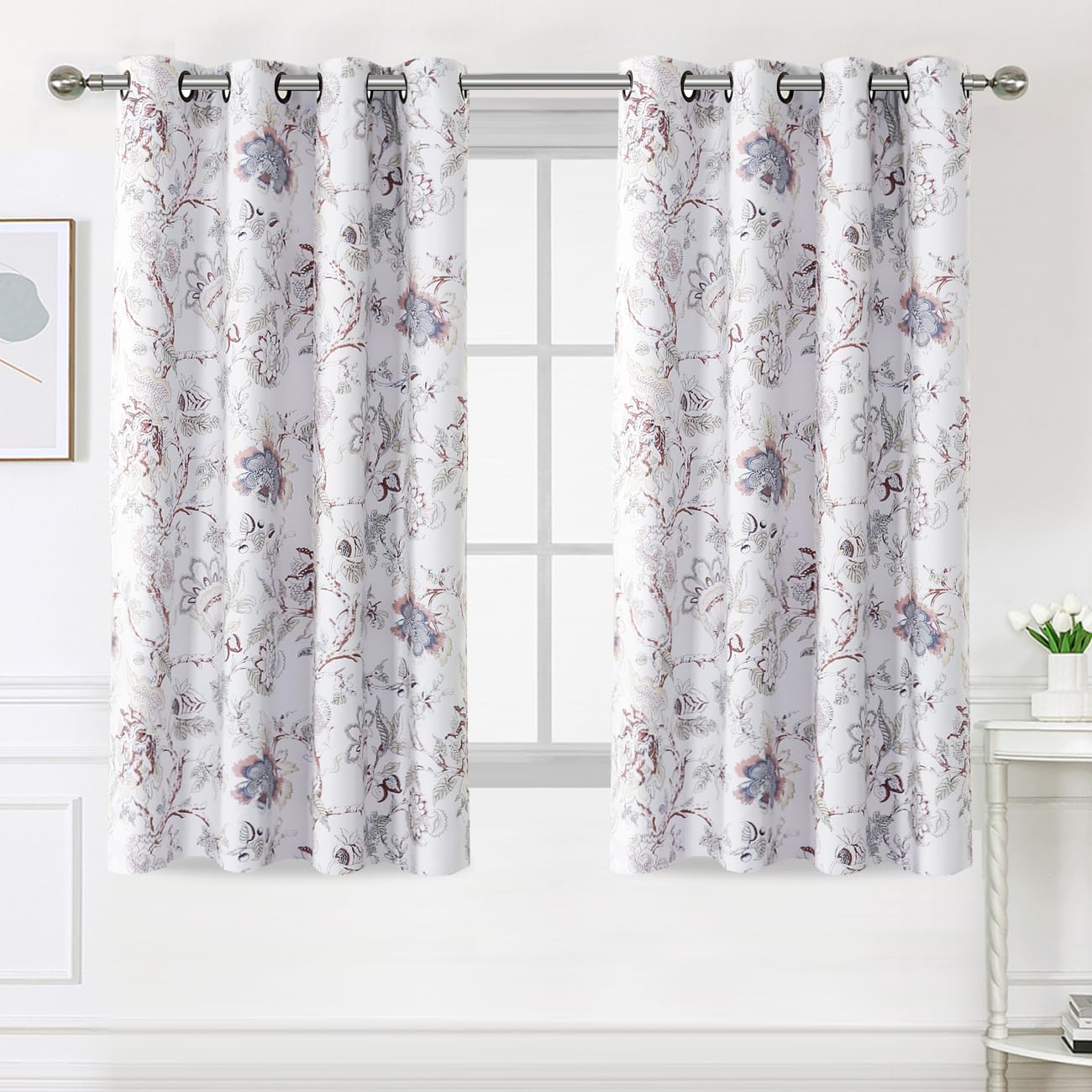 H.VERSAILTEX Blackout Curtains 63 Inch Length 2 Panels Set Floral Print Curtain Drapes for Living Room Thermal Insulated Grommet Window Curtains for Bedroom - Traditional Floral in Antique Green