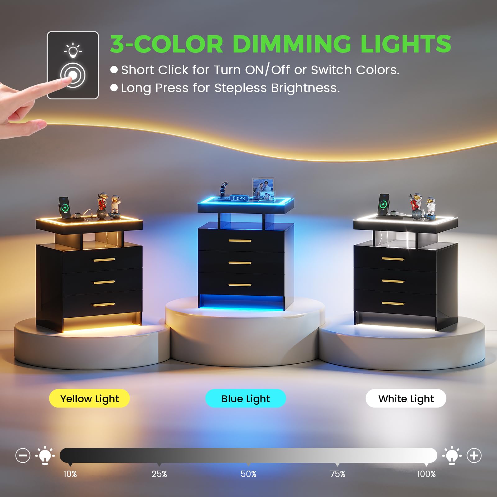 HNEBC LED Nightstand with Charging Station,Smart Bedside Table with Motion Sensor Lights,3 Drawers,Tempered Glass Top,High Gloss End Table with 3 Color Lights for Bedroom, Living Room,Office-Black