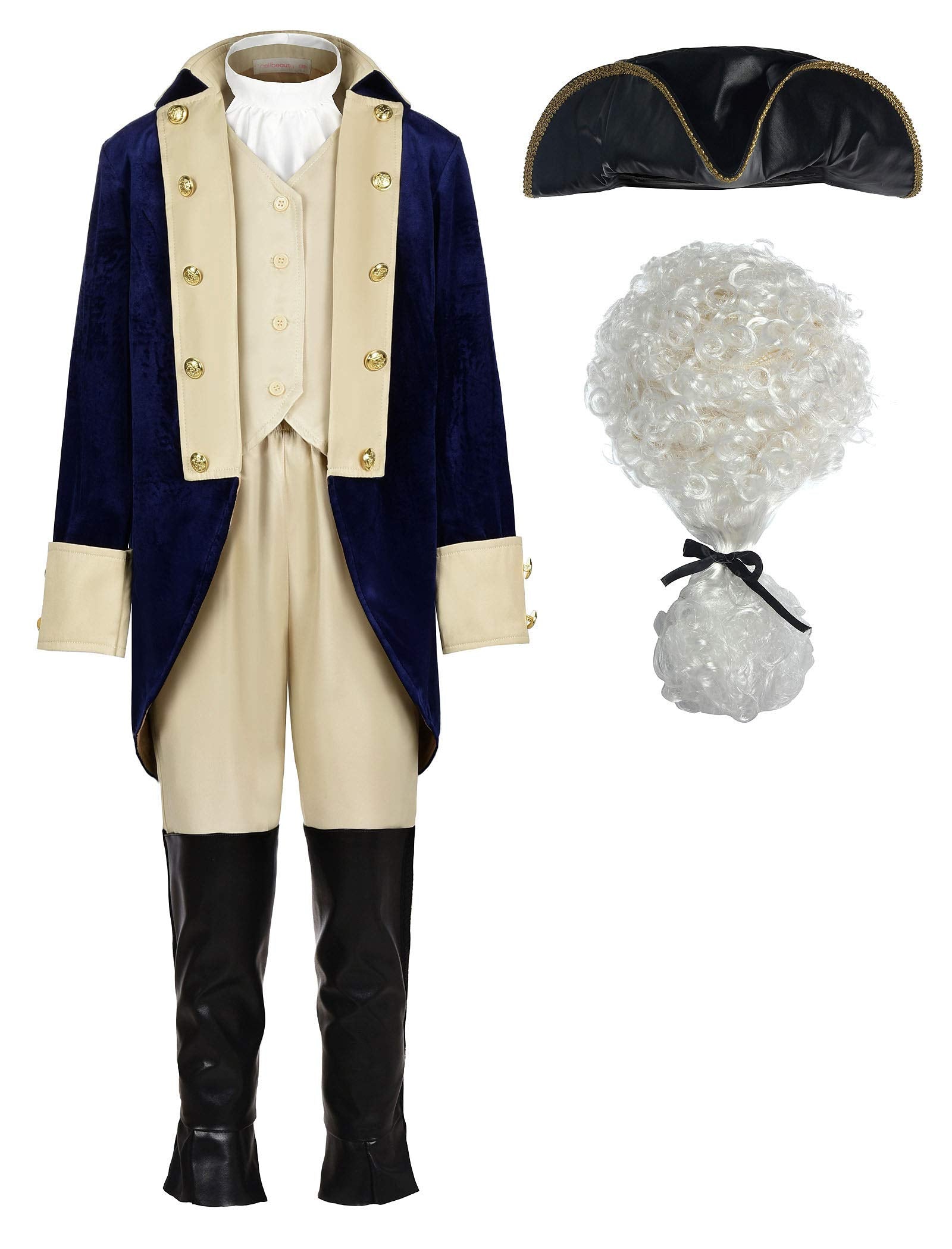 ReliBeauty Washington Costume Boys Hamilton American Colonial Uniform with Wig