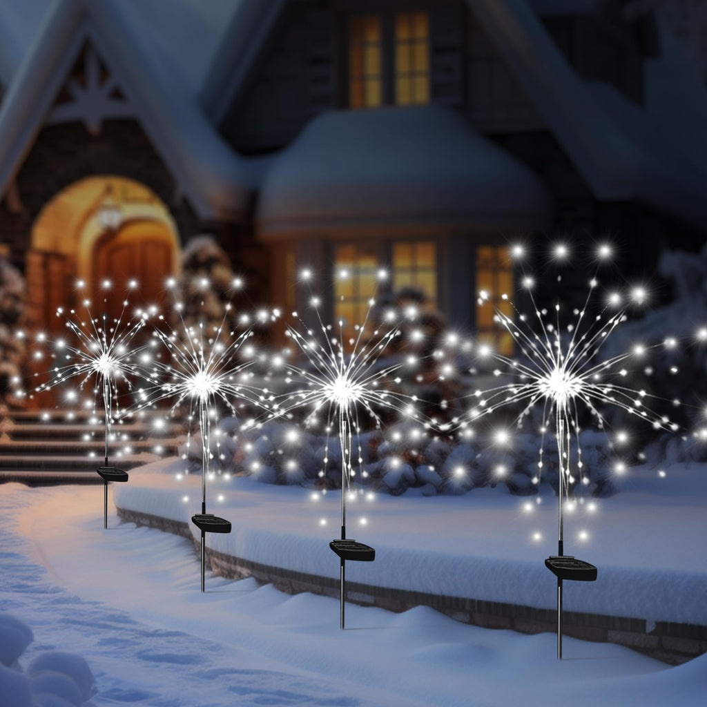 Solar Garden Firework Lights Outdoor Waterproof, 2 Pack Solar Powered Art Stake Twinkle Lighting for Outside Decor, 120 LED Sparklers String Lights for Yard Pathway Decorations(White)