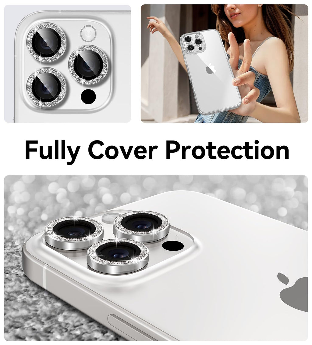Matekxy Glitter Camera-Lens Protector for iPhone-16 Pro-Max - 16 Pro Anti-Scratch Tempered Glass with Aluminum Edging, Cute Girly Metal Individual Bling Ring Cover for Women, Black Titanium