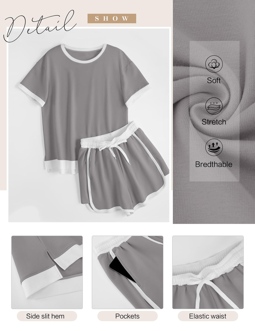AKEWEI Shorts Sets Women 2 Piece Outfits Casual Short Sleeve Crewneck Tops and Drawstring Shorts Color Block Sets