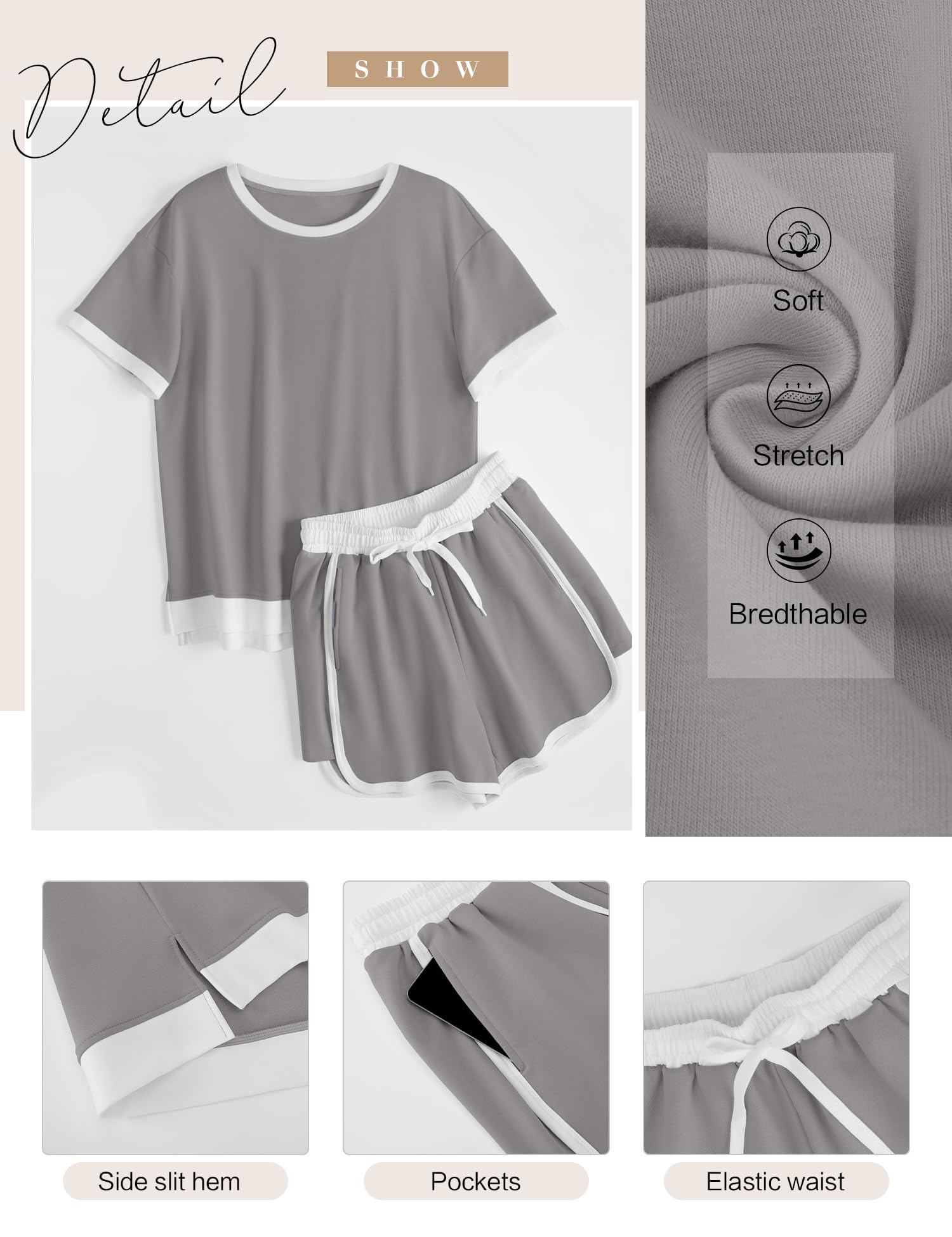 AKEWEI Shorts Sets Women 2 Piece Outfits Casual Short Sleeve Crewneck Tops and Drawstring Shorts Color Block Sets