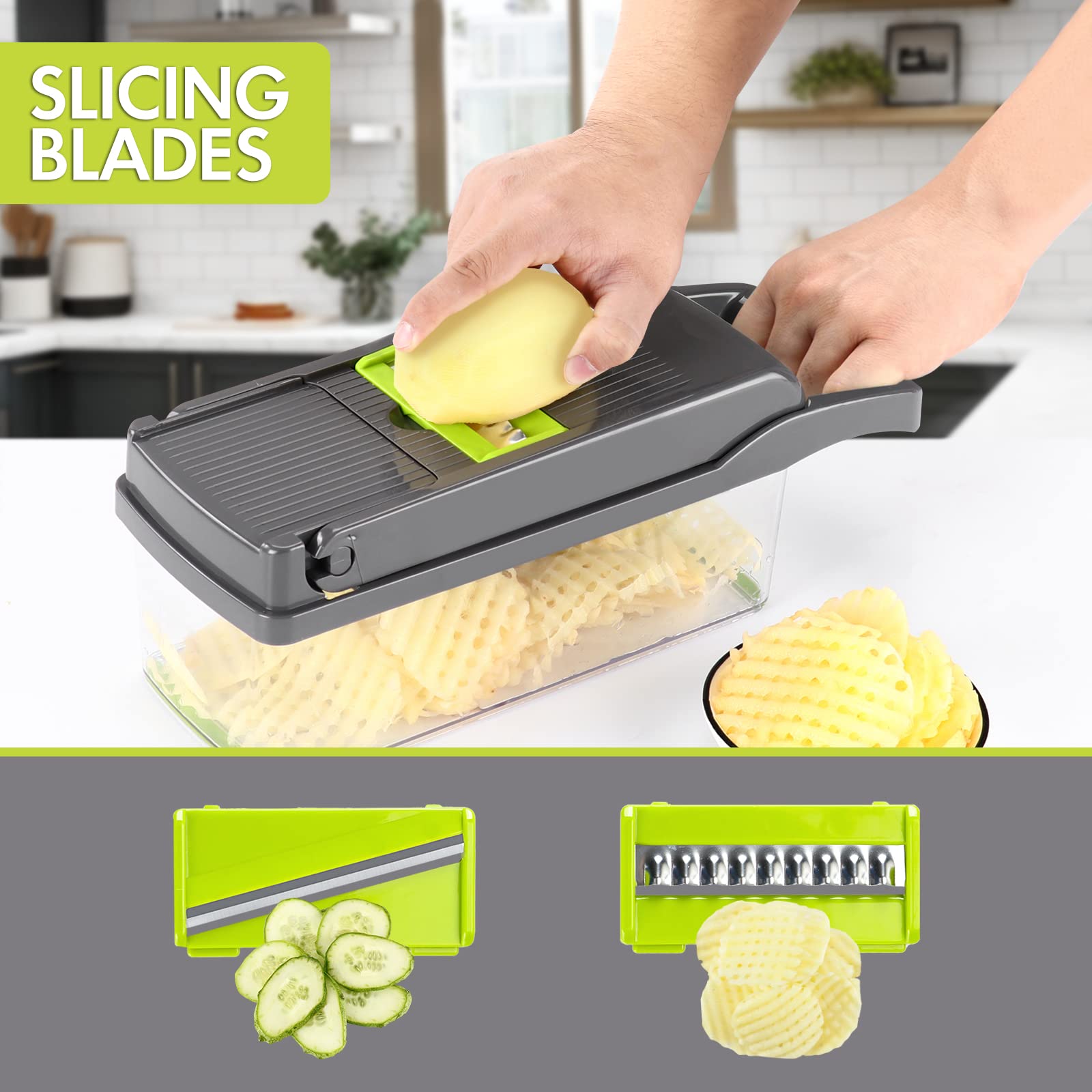 Ourokhome Vegetable Chopper Onion Cutter, 12 in 1 Professional Mandoline Slicer for Kitchen, Multifunctional Food Chopper for Potato, Tomato, Veggie with Strainer Basket, 8 Blades, Blue