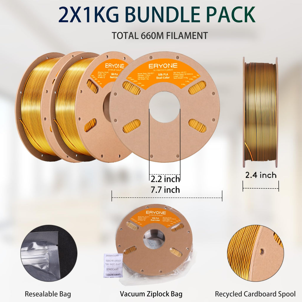 ERYONE Silk Dual Color PLA Filament 3D Printer 1.75mm +/- 0.03mm, Bicolor Filament Two Tone PLA Bundle 2KG Cardboard Spool, Black Gold