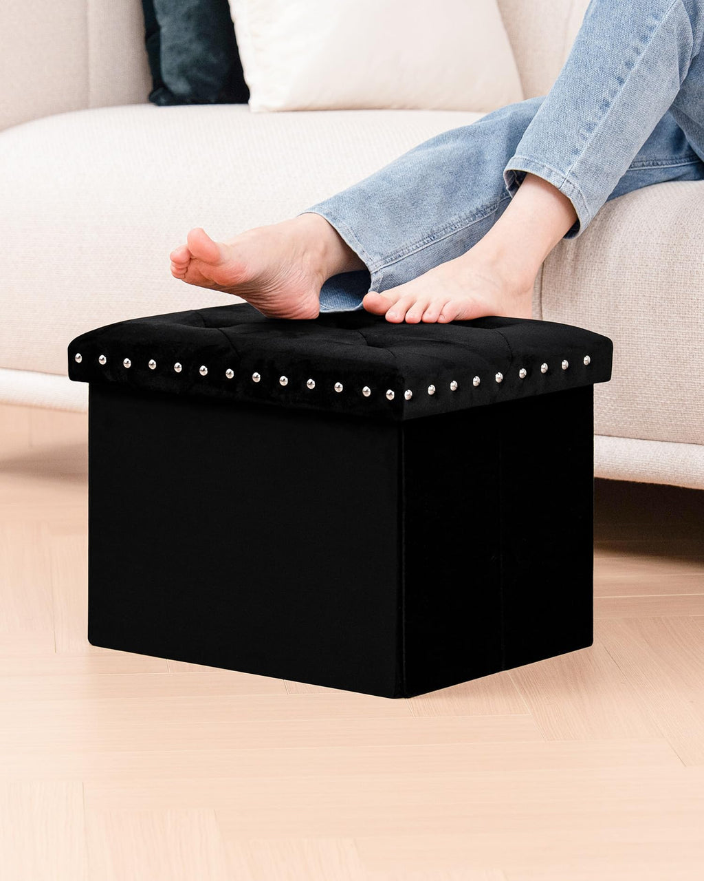 B FSOBEIIALEO Storage-Ottoman Cube-Folding Tufted - Ottomans with Storage, Coffee Table Top Cover, Storage Boxes Footrest Stool for Bedroom, Luxury Velvet Fabric 15.7 Inches Black