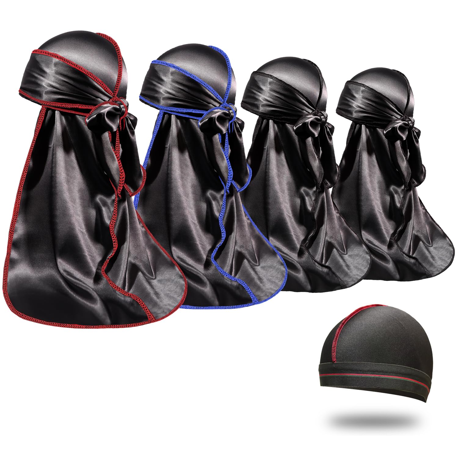 4PCS Silky Durags for Men Women 360 Waves with 1 Wave Cap, Silky Satin Durag Extra Long Tails