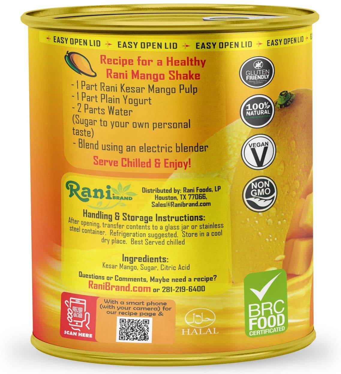 Rani Mango Pulp Puree (Makes Mango Lassi Shakes) Alphonso Sweetened 30oz (1.875lbs) 850g ~ Kosher | All Natural | NON-GMO | Vegan | No colors | Gluten Friendly | Indian Origin