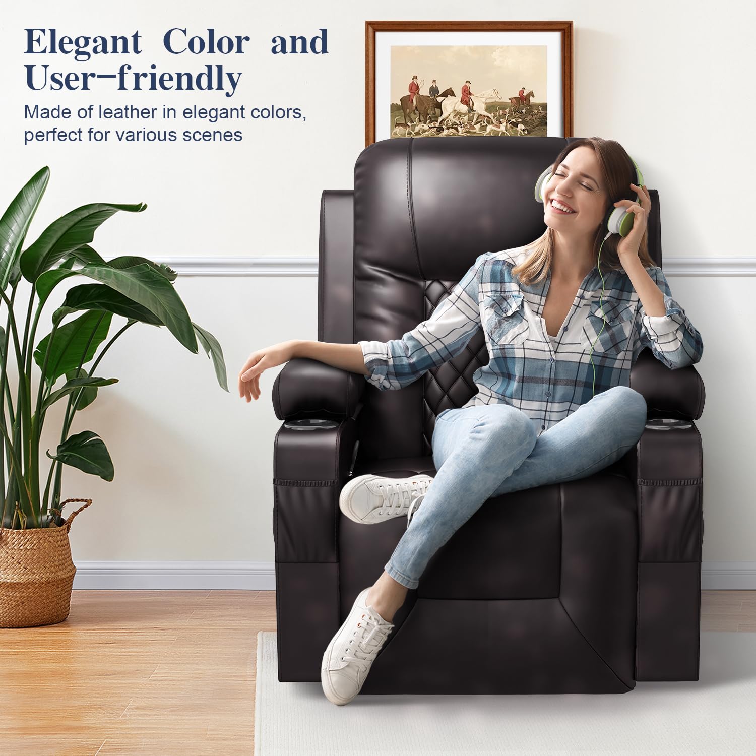 Recliner Chairs for Adults, FSC Certified Massage Reclining Chair with Heated Modern, Ergonomic Lounge Single Reclining Sofa Seat with Cup Holder & Pocket, Living Room Lounge Recliners Black