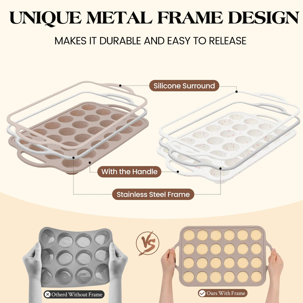 Vinino Silicone Muffin Pans for Baking with Metal Reinforced Frame, 12 Cups Regular Size Nonstick Brown Silicone Cupcake Pan, BPA Free Oven Dishwasher Safe Baking Mold for Muffins Cupcakes