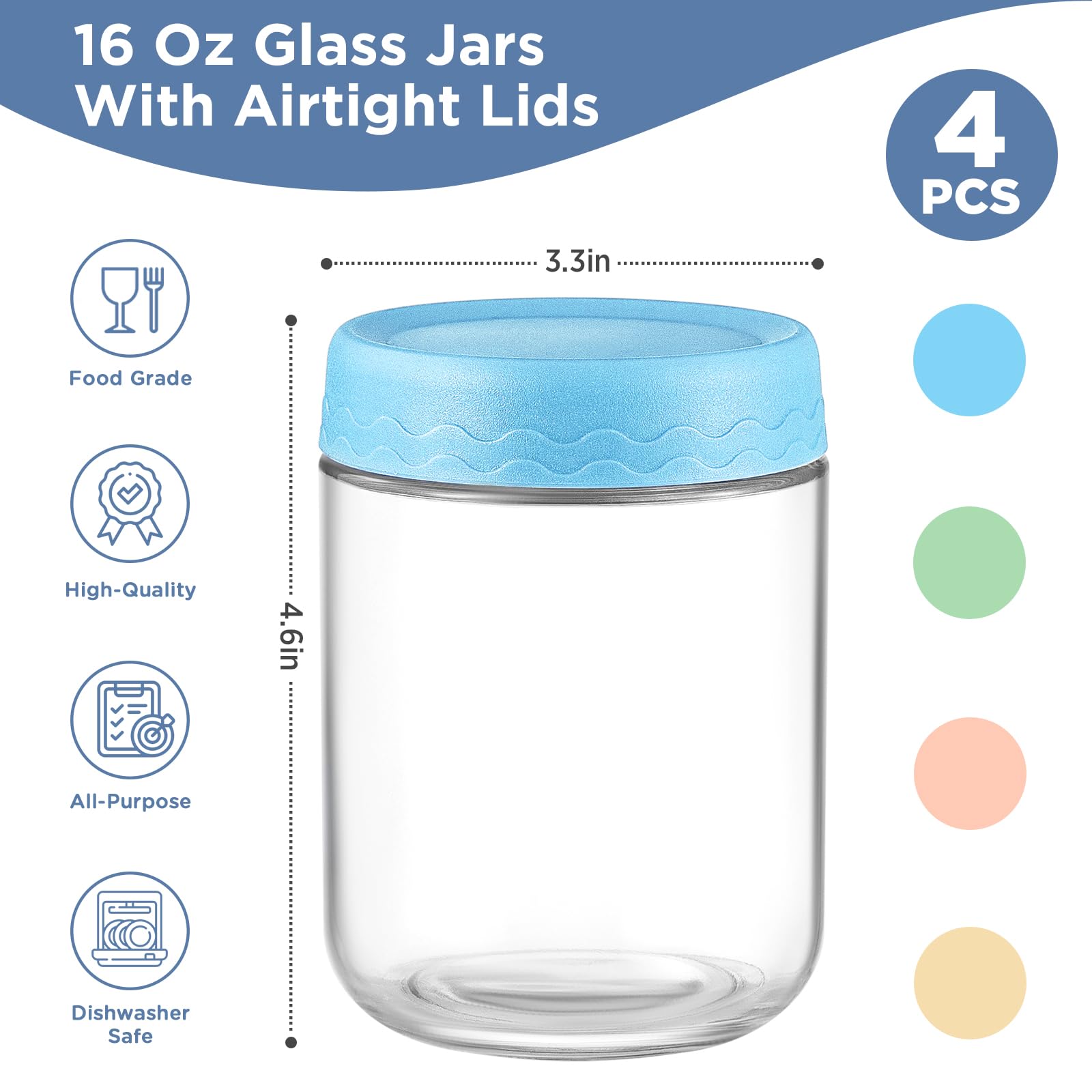 DRKIO 10 Oz Overnight Oats Containers with Lids - 4 Pack Glass Storage Jars with Airtight Lids Wide Mouth Mason Food Jars Great for Meal Prep Salad Chia Pudding Snacks Yogurt Sugar Spice Cereal