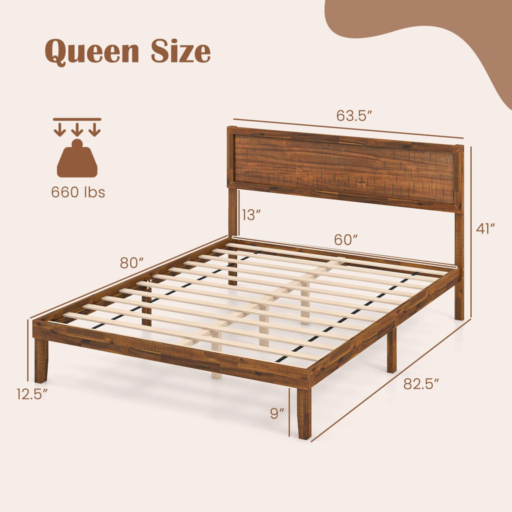 Giantex Wood Twin Bed Frames with Headboard, Solid Acacia Wood Platform Bed with 12 Strong Wooden Slat Support, Scandinavian Style Art Deco Twin Size Bed Frame, No Box Spring Needed, Rustic Brown