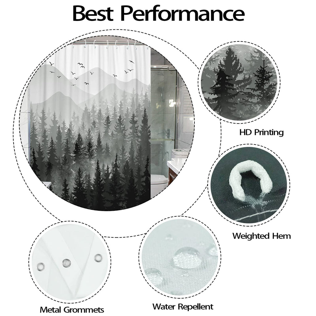 Stall Small Black and White Misty Forest Shower Curtain Ombre Gray Grey Mountain Pine Tree Waterproof Fabric Shower Curtains for Bathroom Nature Woodland Decorative Bath Curtain Decor 36×72 Inches