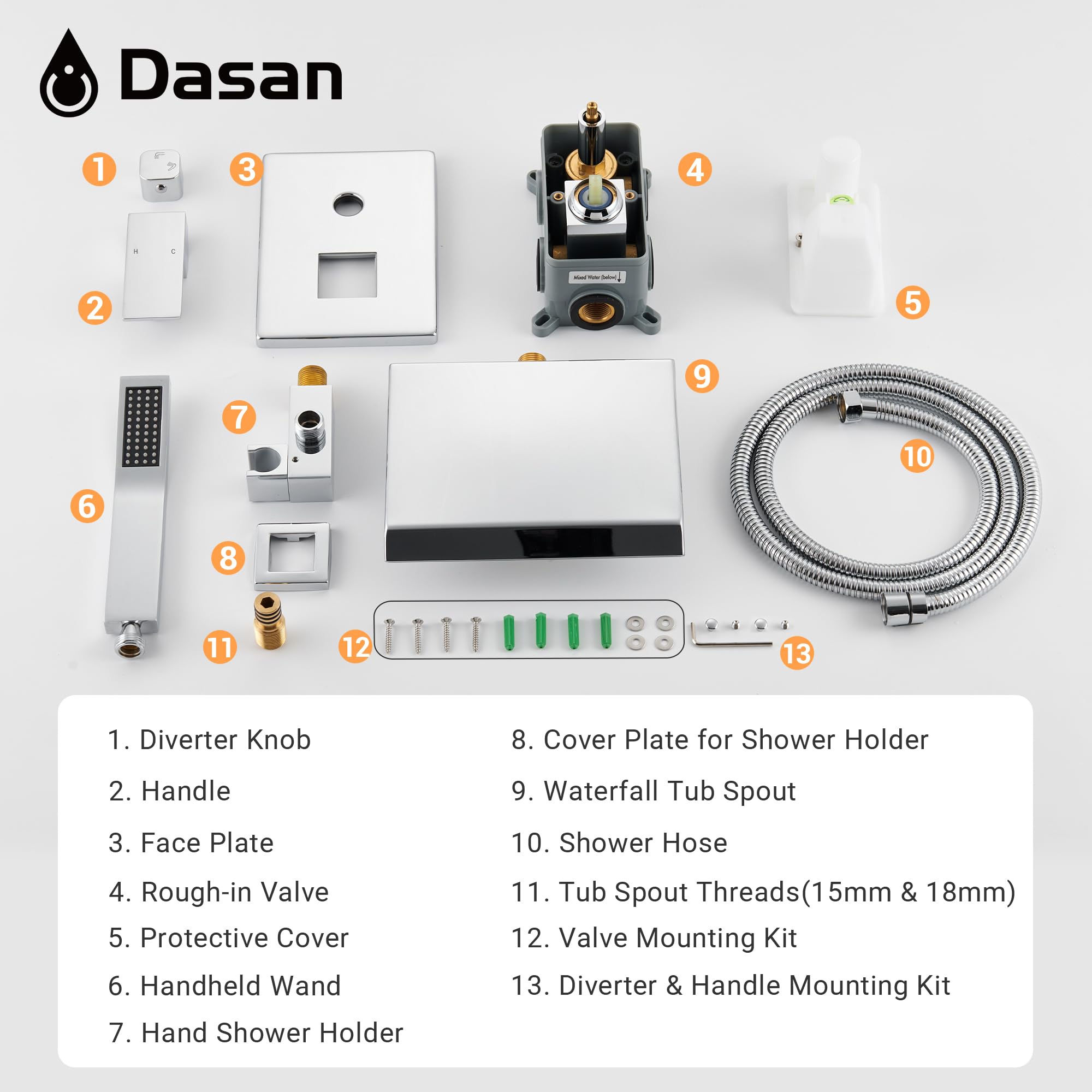 Upgraded Wall Mount Tub Filler Faucet with Handheld Shower, DASAN Modern Wall Mounted Bathtub Faucet Brushed Gold High Flow Waterfall Tub Faucet with Rough in Valve, SA-TF04WH-BG