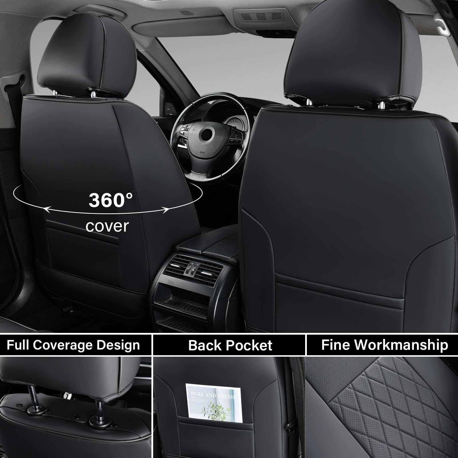 Coverado Tacoma Seat Covers, Car Seat Covers Front Seats, Leather Seat Covers for Cars Car Seat Protector Cushion Tacoma Accessories Custom Fit 2005-2023 Toyota Tacoma Double/Crew Cab(Black)