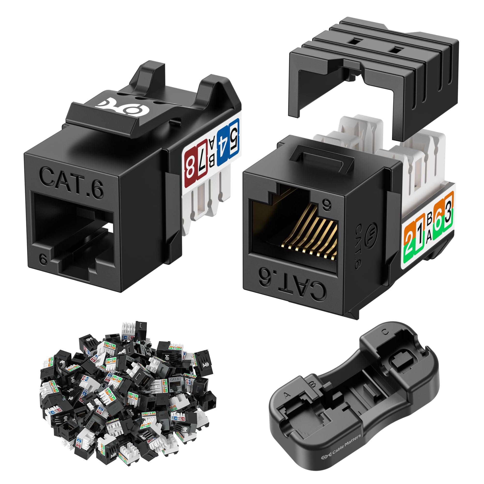 Cable Matters [UL Listed] 25-Pack 10Gbps Rapid-Install Cat6 Keystone Jacks, Slim Profile RJ45 Keystone Jack with Punch-Down Stand, Works with Leviton QuickPort Systems, Black (Model No. 180070)