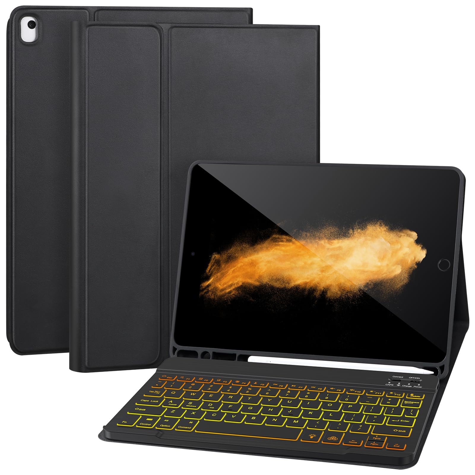 AHYWTAN Keyboard Case for iPad 9/8/7th Gen 10.2, Bluetooth Keyboard with 7 Color Backlit, iPad 10.2 inch Case with Keyboard, Pencil Holder, Black-L
