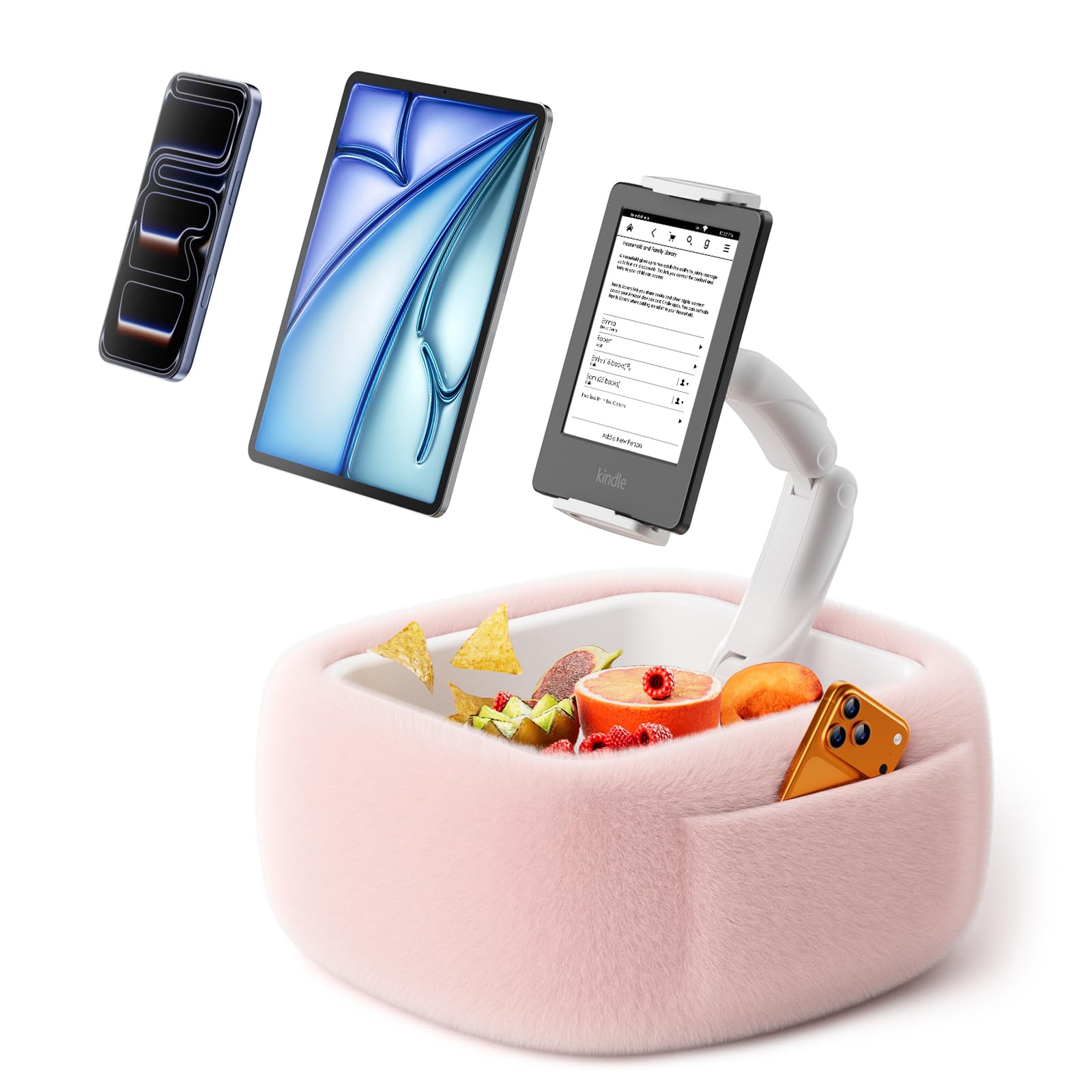 LULULOOK Tablet Pillow Stand, Compatible with iPad, iPhone and 4.7-14.6”Tablet, 360° Adjustable Kindle Pillow Stand for Bed with Ultra Fluffy Fabric & Snack Bowl (Cloudy White)