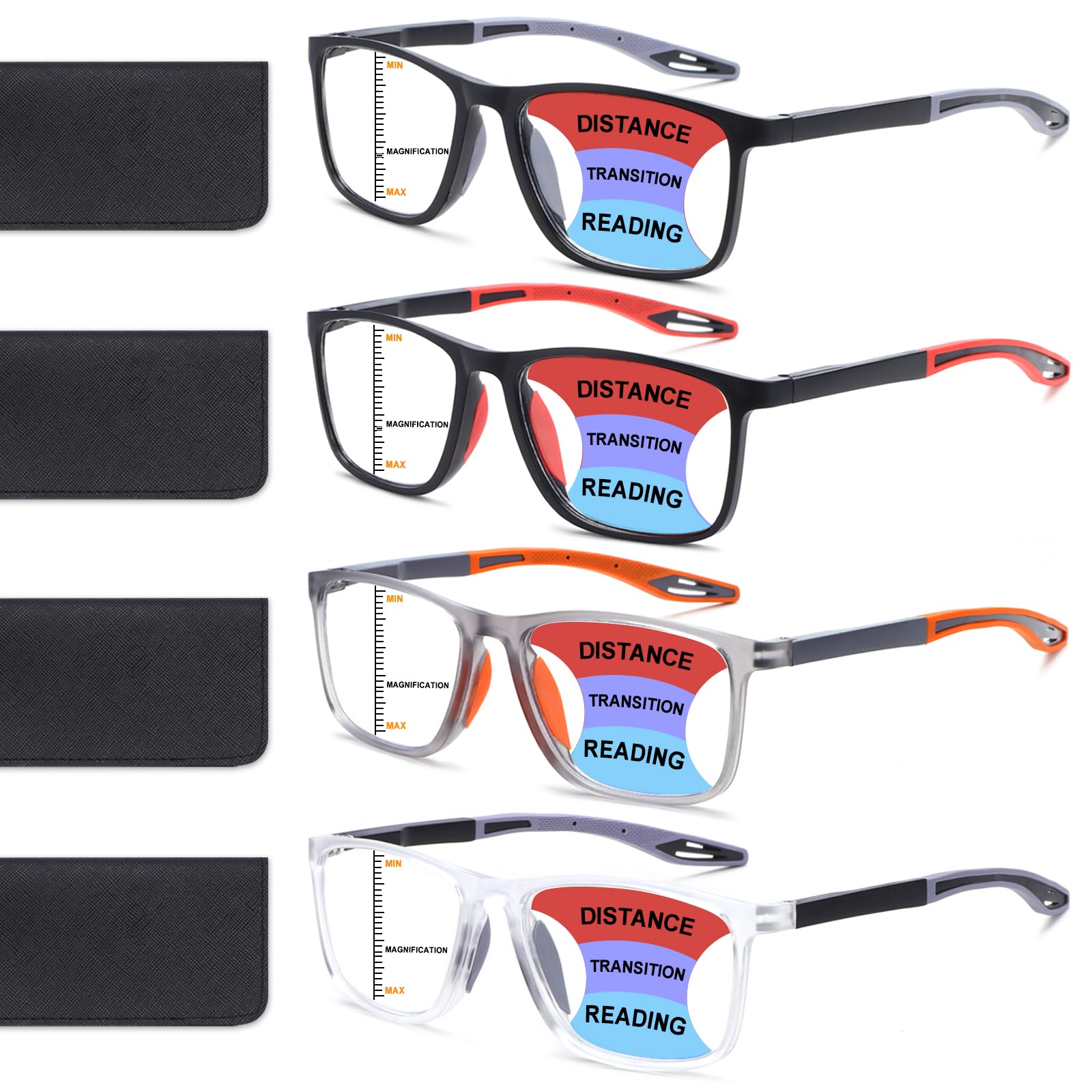 BLOEXCLU 4 Pack Progressive Multifocus Reading Glasses for Men Women TR90 Sports Style Anti-Blue Light Computer Readers