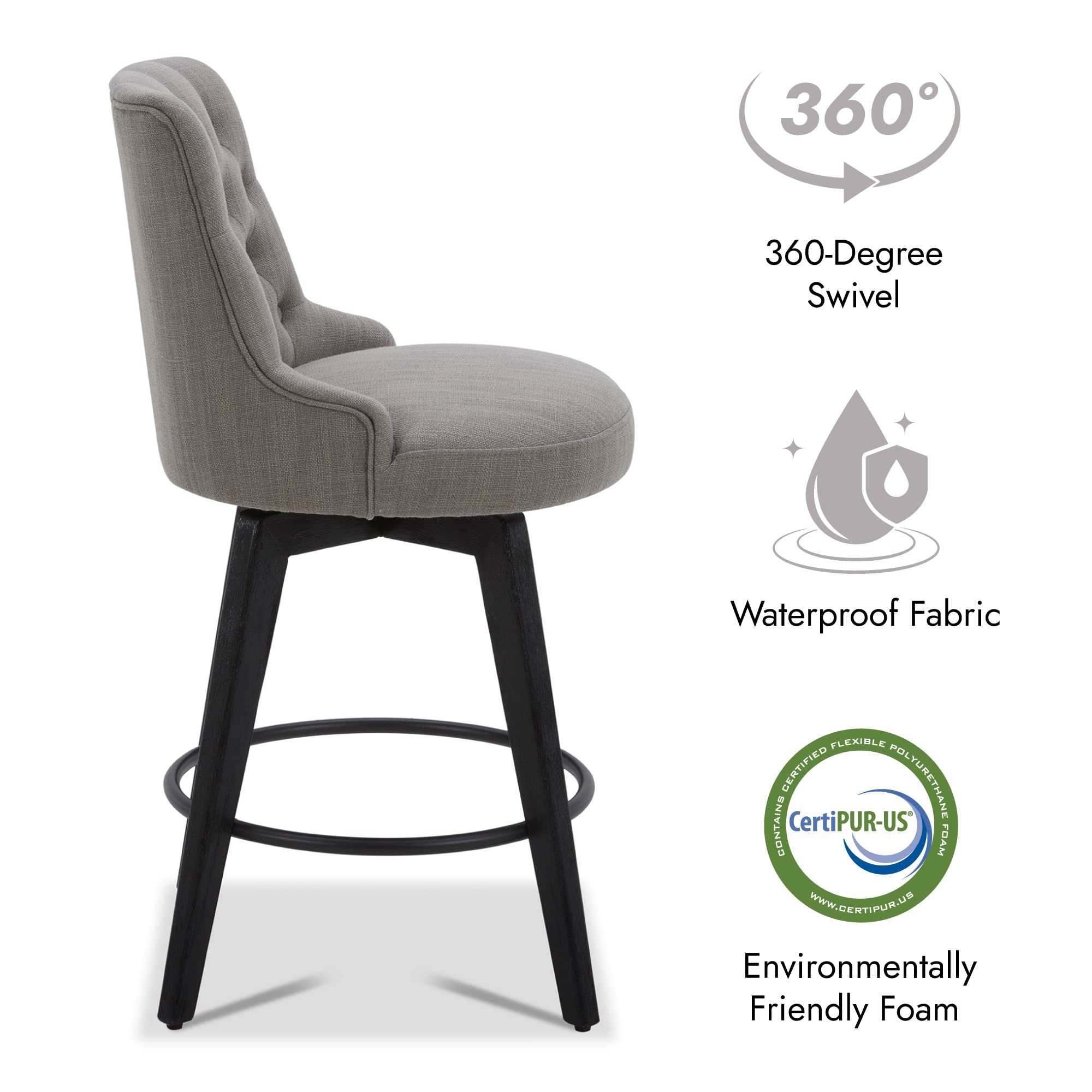 Watson & Whitely Counter Height Bar Stools, Performance Fabric Upholstered Modern Swivel Barstool with Back, Solid Wood Legs, 26" H Seat, Flint Grey