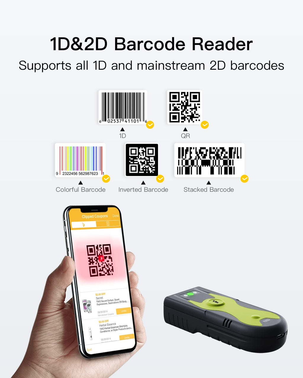 Inateck Bluetooth Scanner 1D Barcode Scanner 2.4Ghz USB Adapter, Screen Scanning, Exclusive Shortcuts, BCST-43
