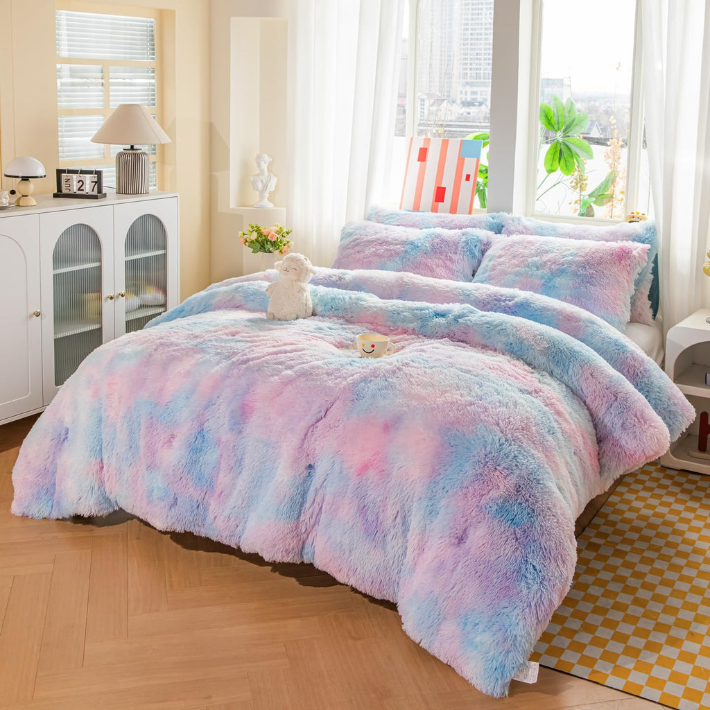 Faux Fur Kids Girls Purple Rainbow Comforter Sets Twin/Full - 3PC Bed Set Warm Comfortable Soft Plush Flannel Velvet Fluffy Fuzzy Bedding（Comforter x 1 Pillowcases x 2）