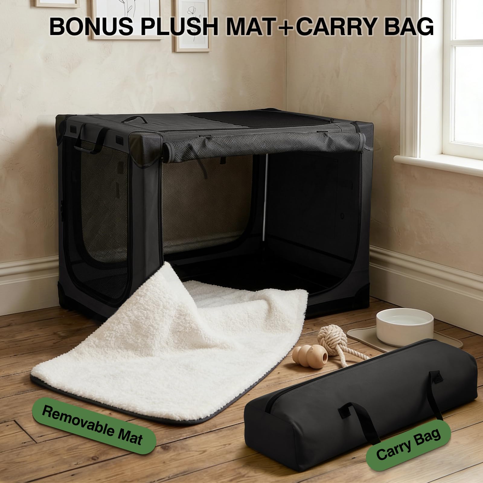 Veraste 24" L x 17" W x 17" H Collapsible Travel Dog Crate, Portable Soft Dog Kennel for Small Medium Pets up to 30 lbs, 4-Door Foldable Travel Crate with Durable Mesh & Storage Bag, Black