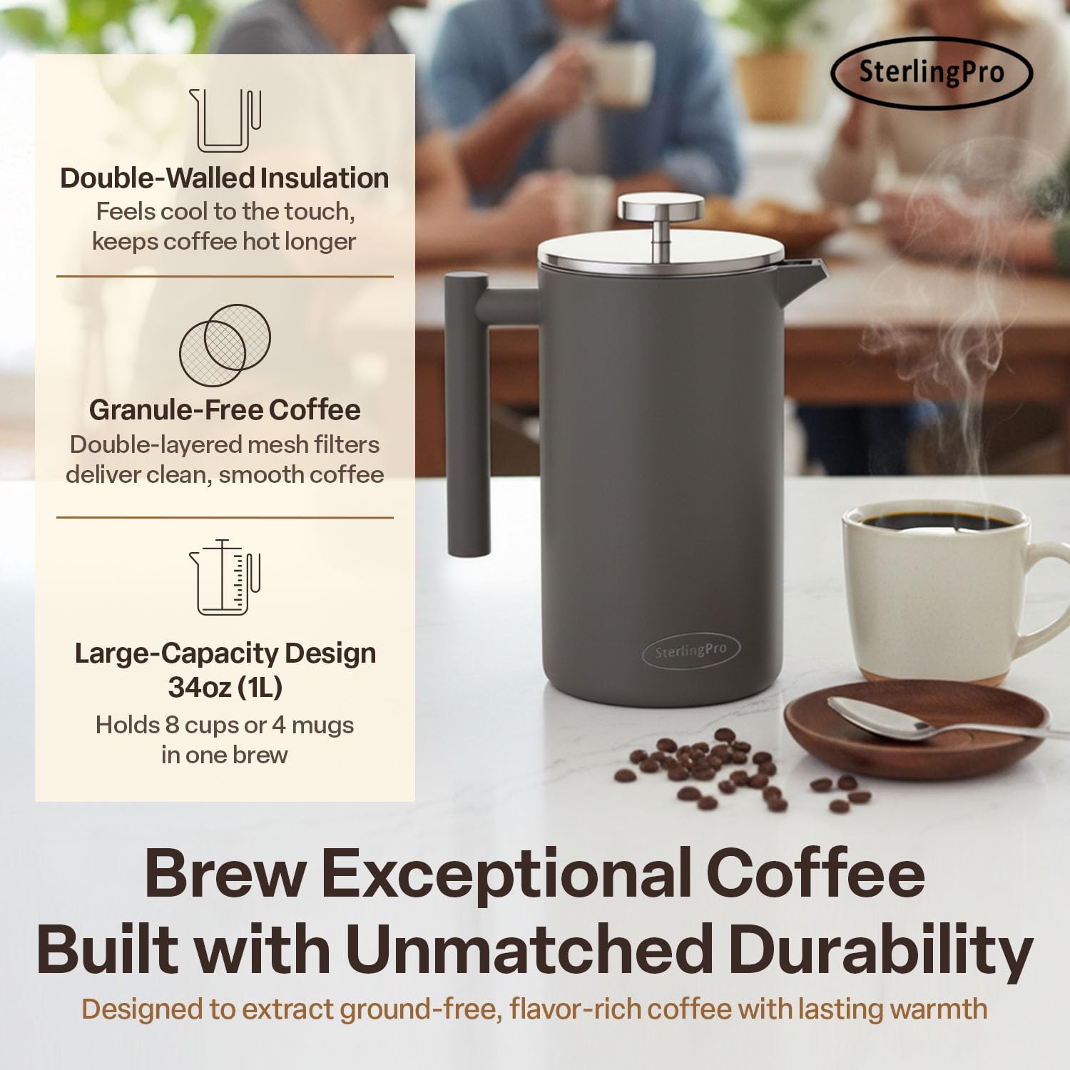 SterlingPro Stainless Steel French Press Coffee Maker 1 L (34 oz) Black – Double Walled Insulated Large Coffee Press, Durable Design Keeps Drinks Hot, Easy to Use and Clean for Rich Flavor Brewing