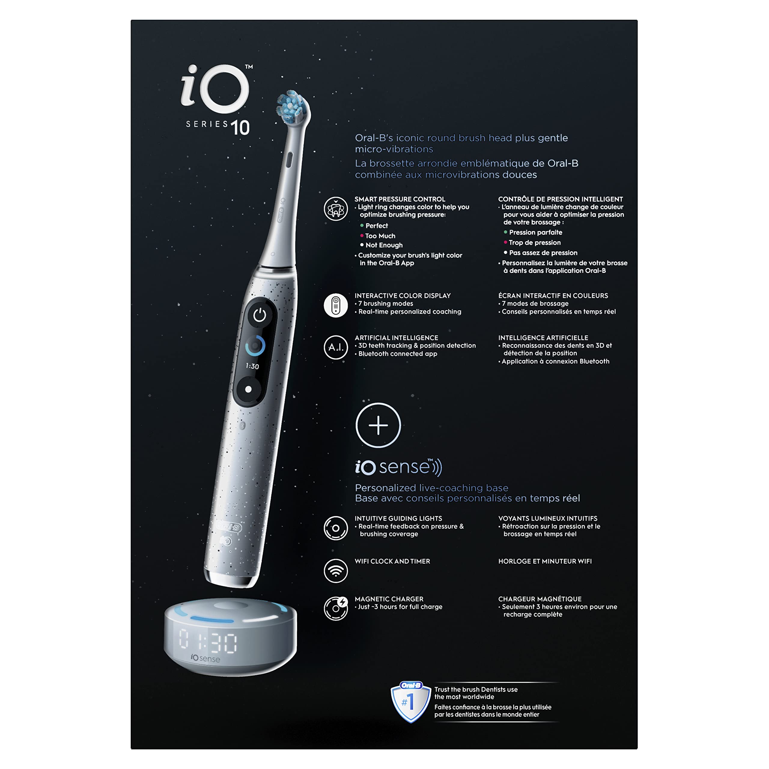Oral-B Rechargeable Electric Toothbrush, iO10 Ultimate Clean, 7 Cleaning Modes, Interactive Display, iSense Charger, Charging Travel Case, 4 Brush Heads, Rechargeable Toothbrush, Black