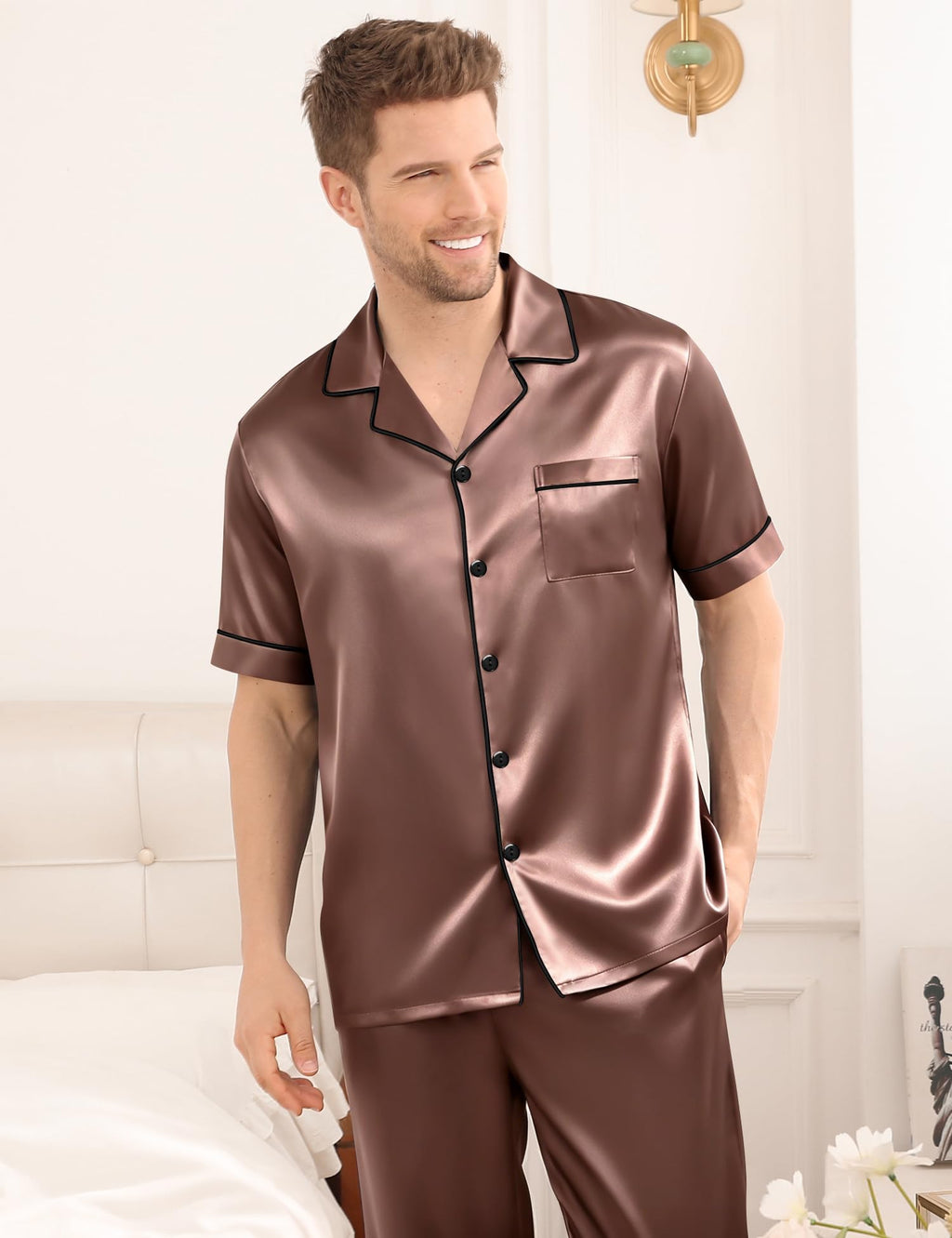 SWOMOG Mens Satin Pajama Set Short Sleeve Classic Sleepwear Button Down Silky Loungewear with Long Pants